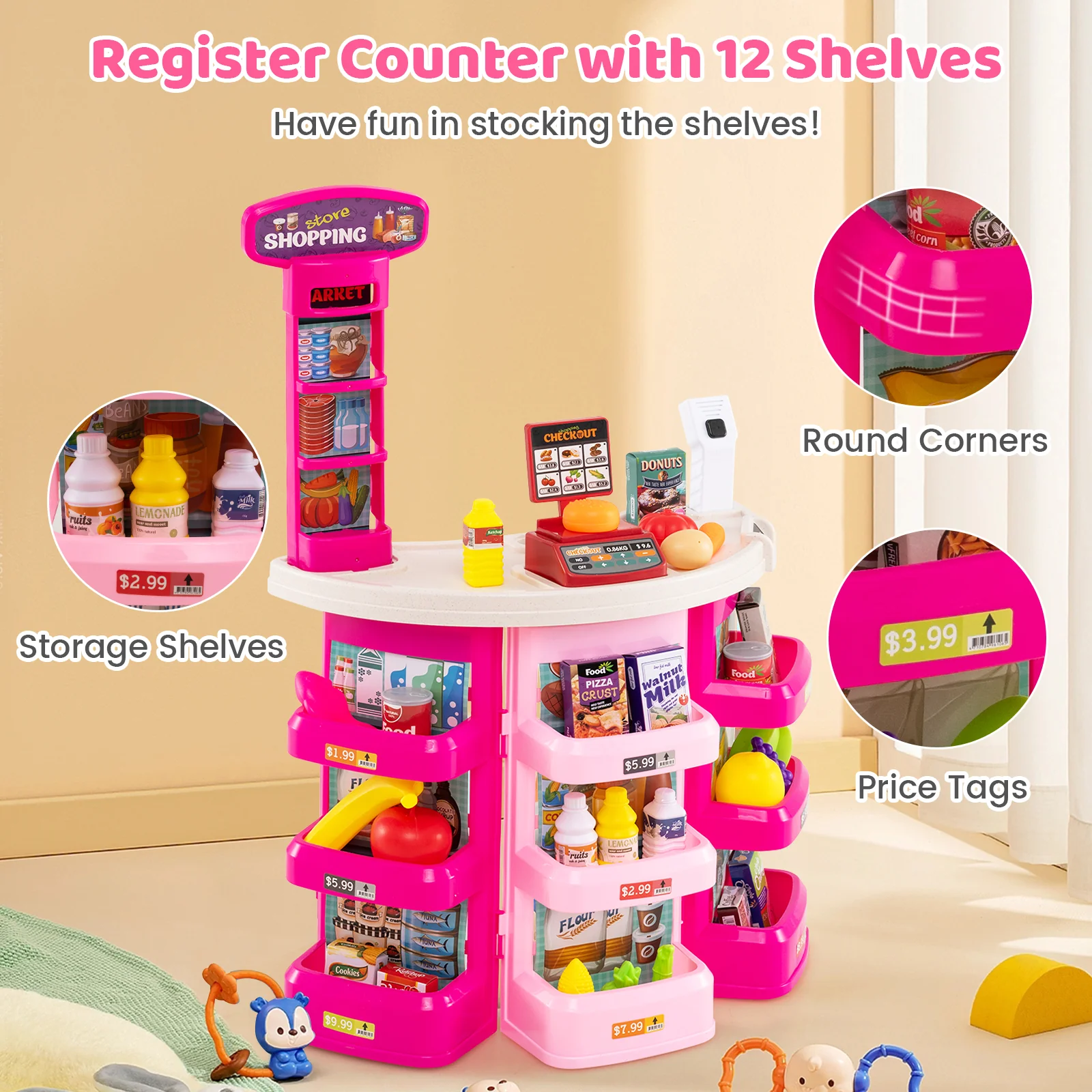 Kids Supermarket Playset, 76 PCS Grocery Store Set With Shopping Cart, Pink - Image 7