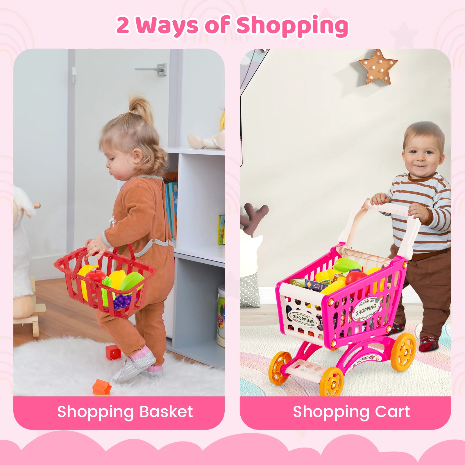 Kids Supermarket Playset, 76 PCS Grocery Store Set With Shopping Cart, Pink - Image 8
