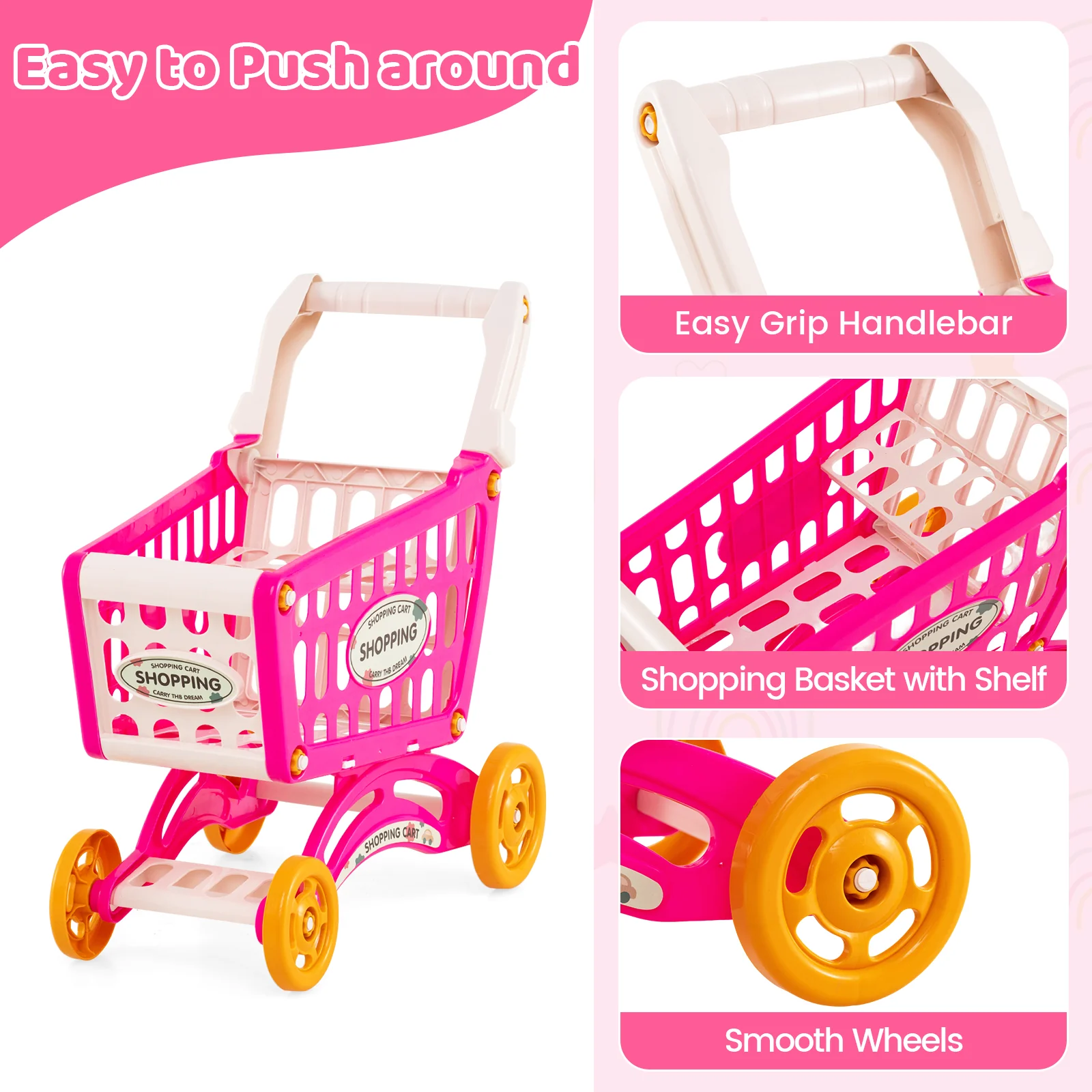 Kids Supermarket Playset, 76 PCS Grocery Store Set With Shopping Cart, Pink - Image 9