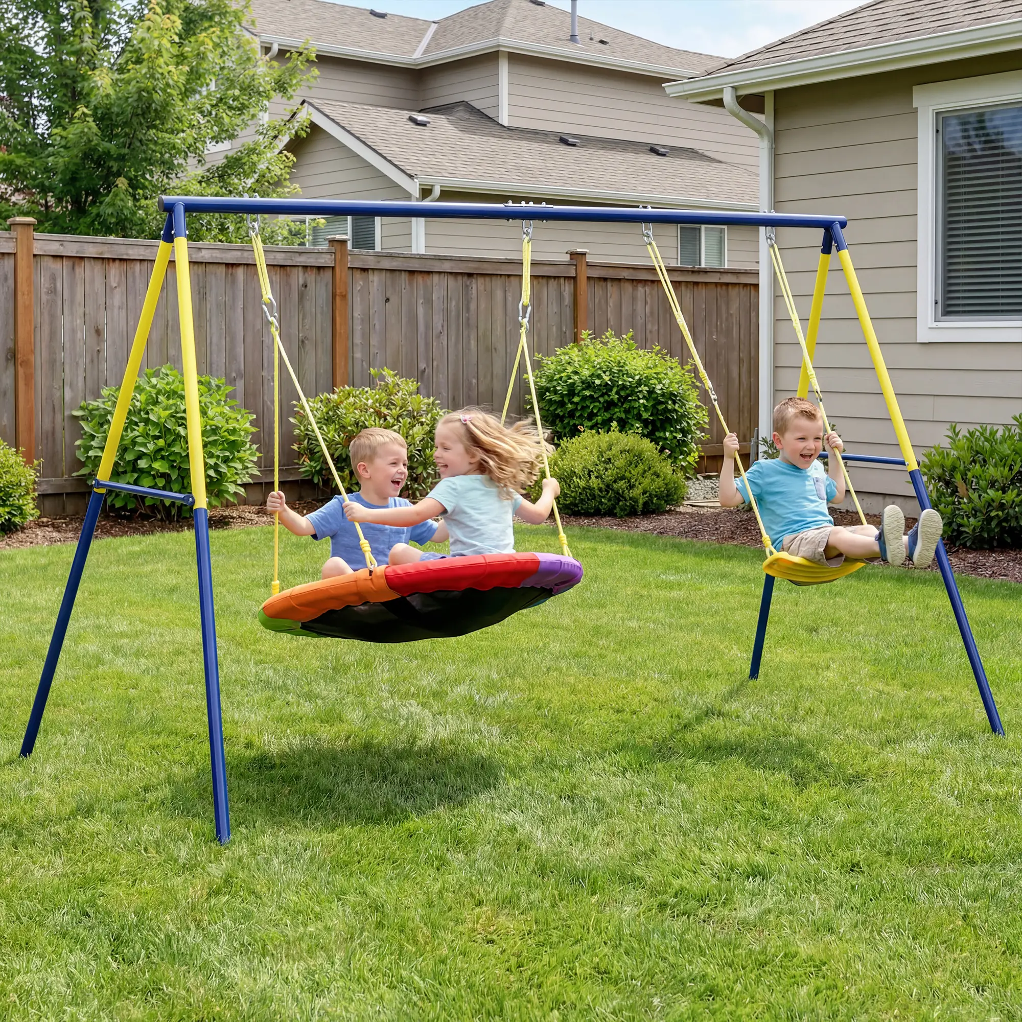 Kids Swing Set With Double Swings, Adjustable Ropes, Metal Frame - Image 2
