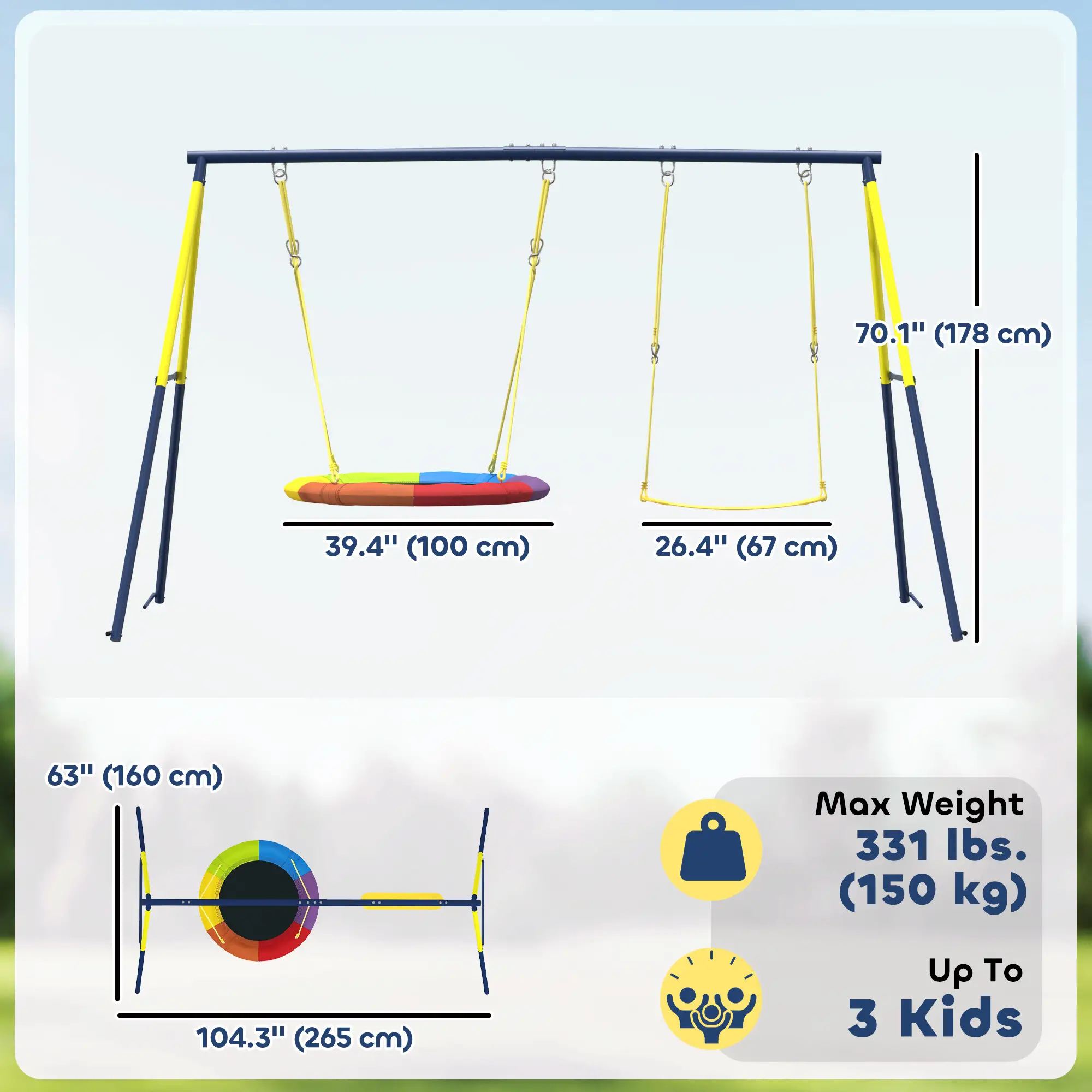 Kids Swing Set With Double Swings, Adjustable Ropes, Metal Frame - Image 3