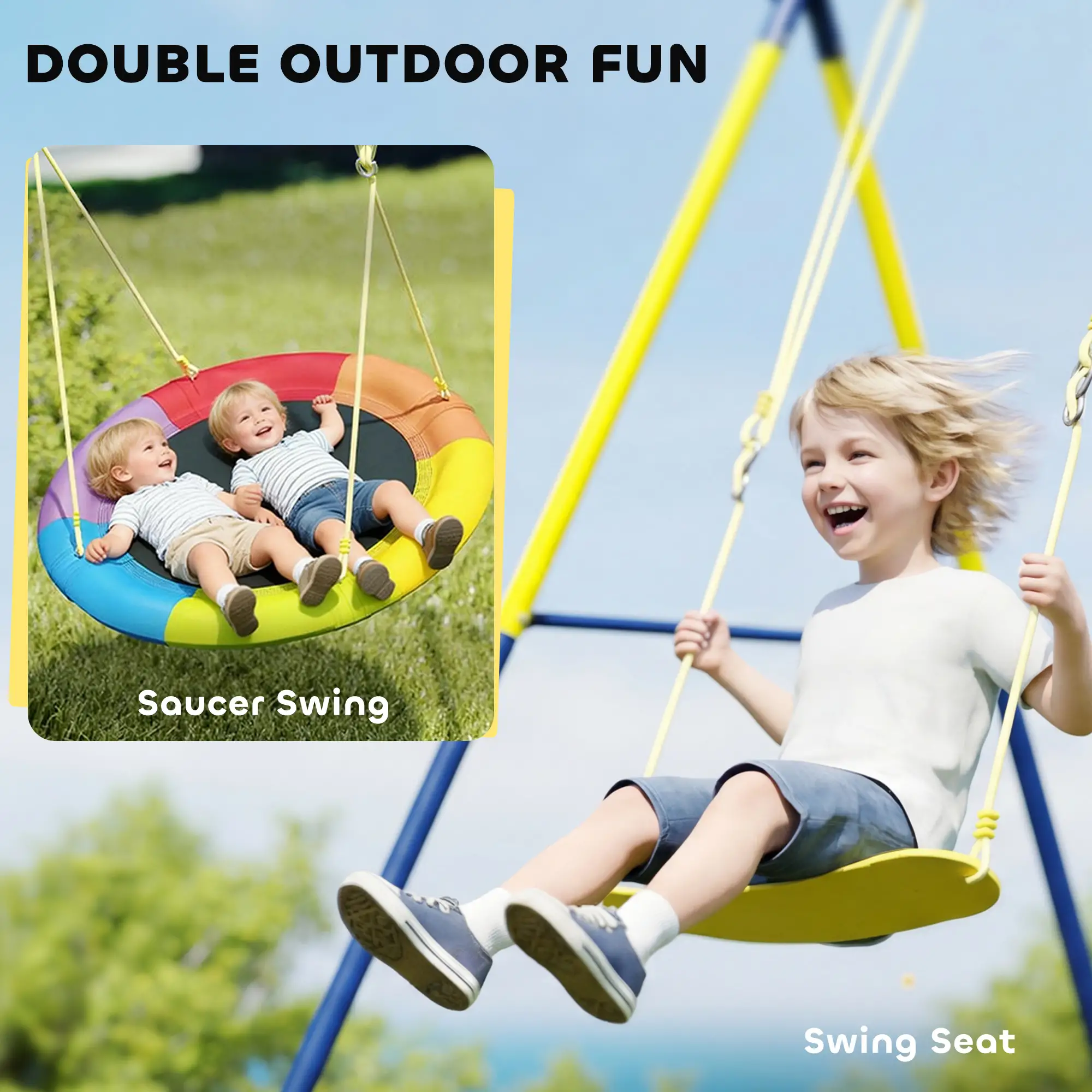 Kids Swing Set With Double Swings, Adjustable Ropes, Metal Frame - Image 4