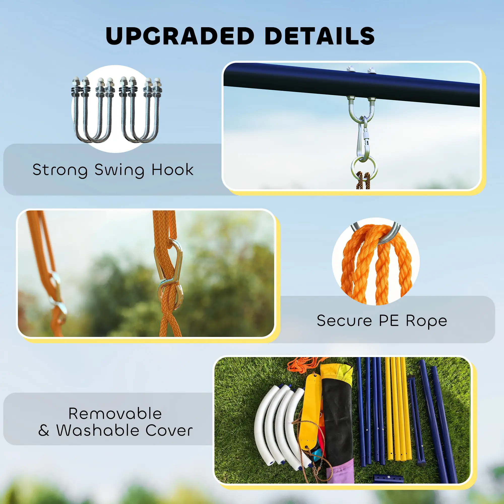 Kids Swing Set With Double Swings, Adjustable Ropes, Metal Frame - Image 9