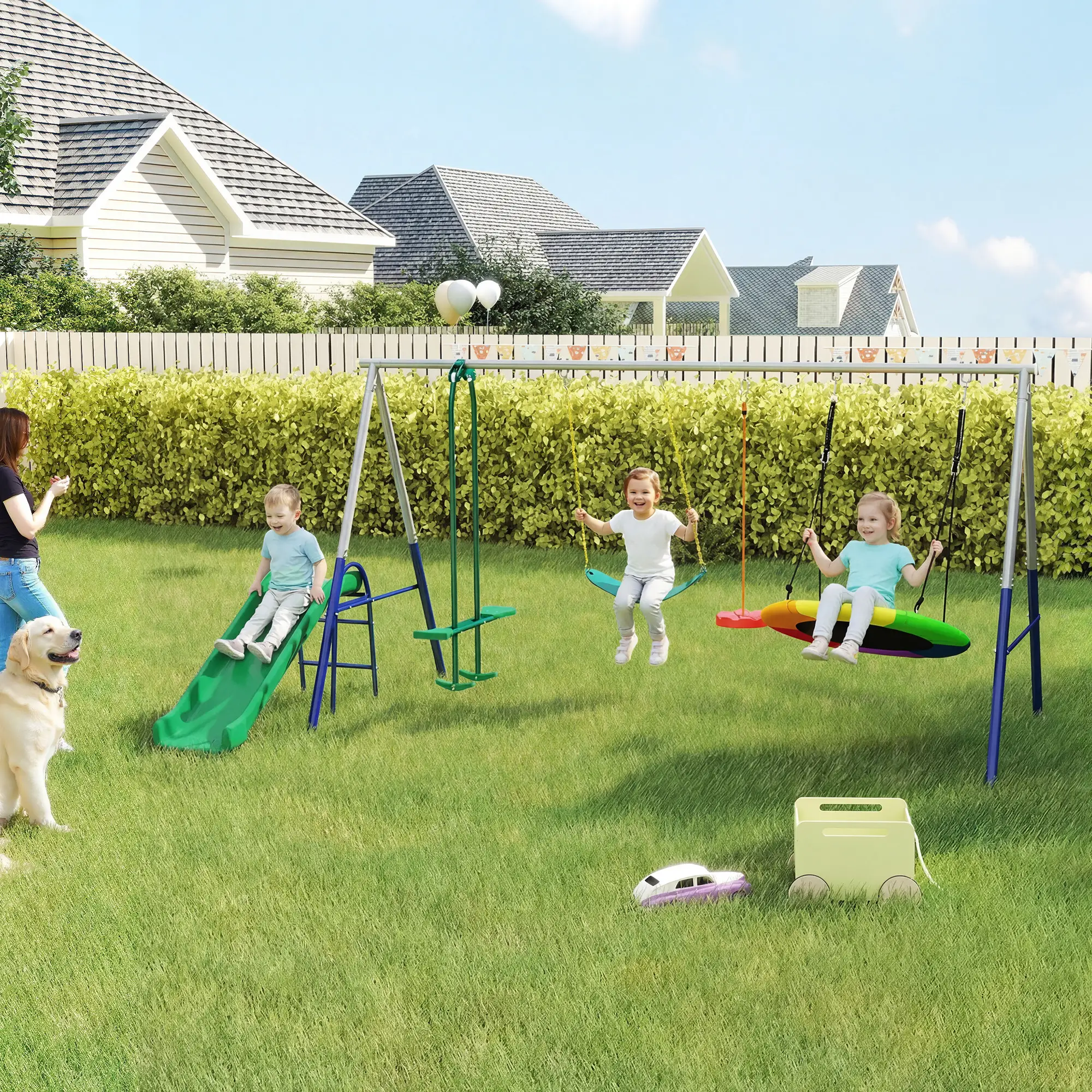 Kids Swing Set With Slide, Swings, Glider, 770lbs Capacity, Ages 3-8, Multicolour - Image 2