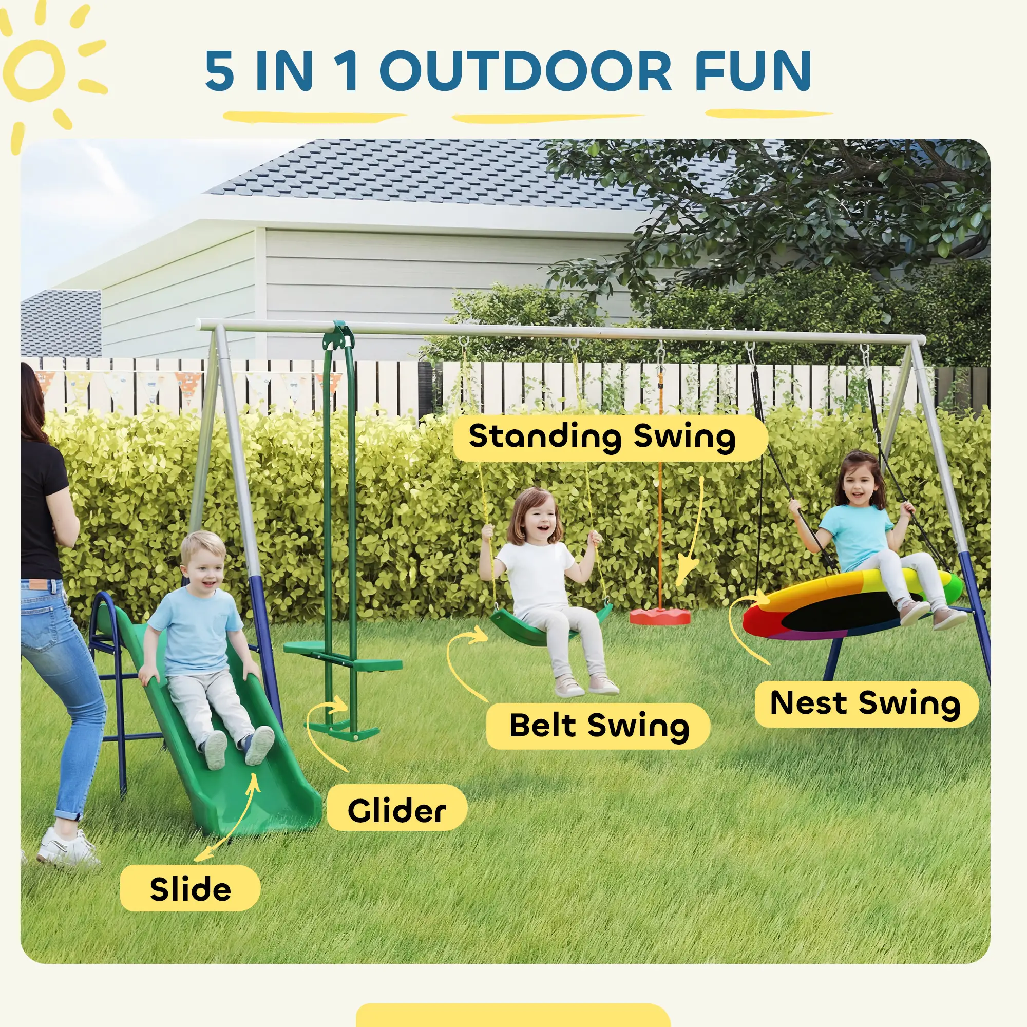 Kids Swing Set With Slide, Swings, Glider, 770lbs Capacity, Ages 3-8, Multicolour - Image 4
