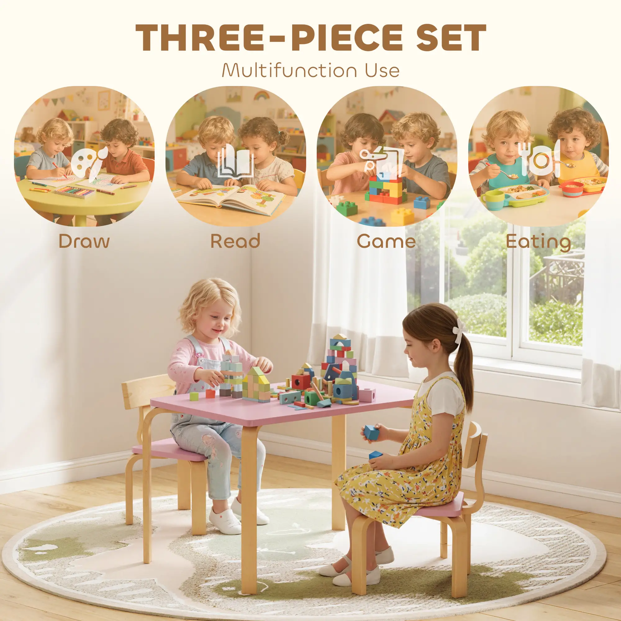 Kids Table and 2 Chair Set, Multi-Activity Furniture, Pink - Image 4