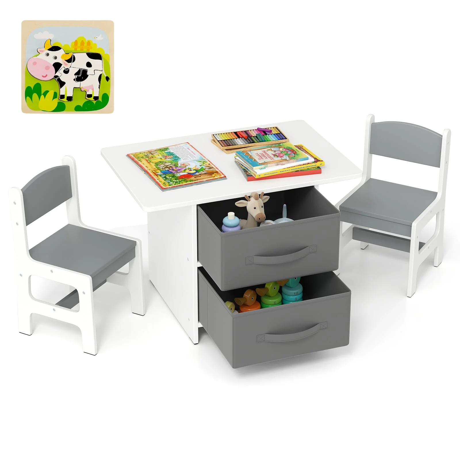 Kids Table And 2 Chairs Set, Removable Storage Drawers, White, Gray