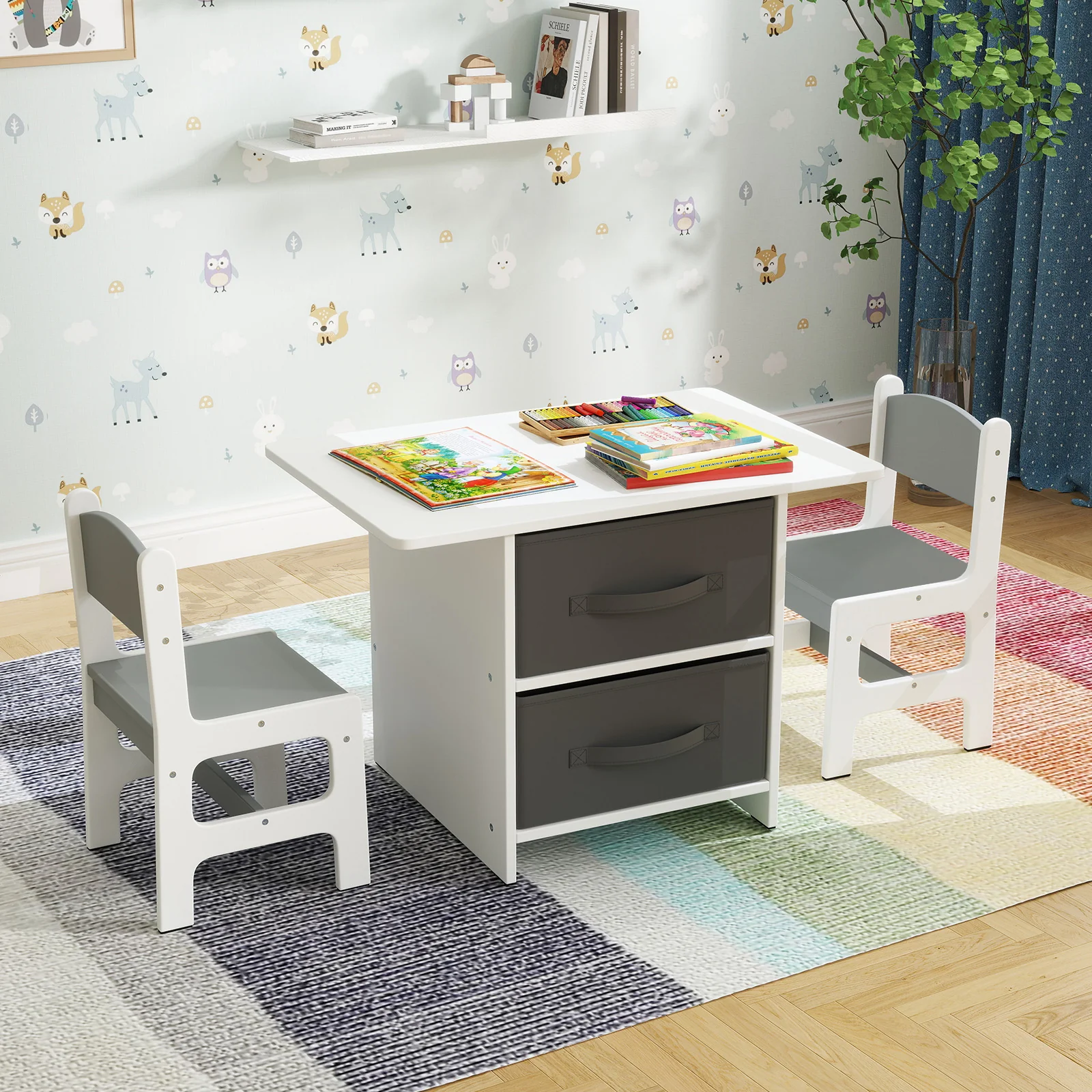 Kids Table And 2 Chairs Set, Removable Storage Drawers, White, Gray - Image 2