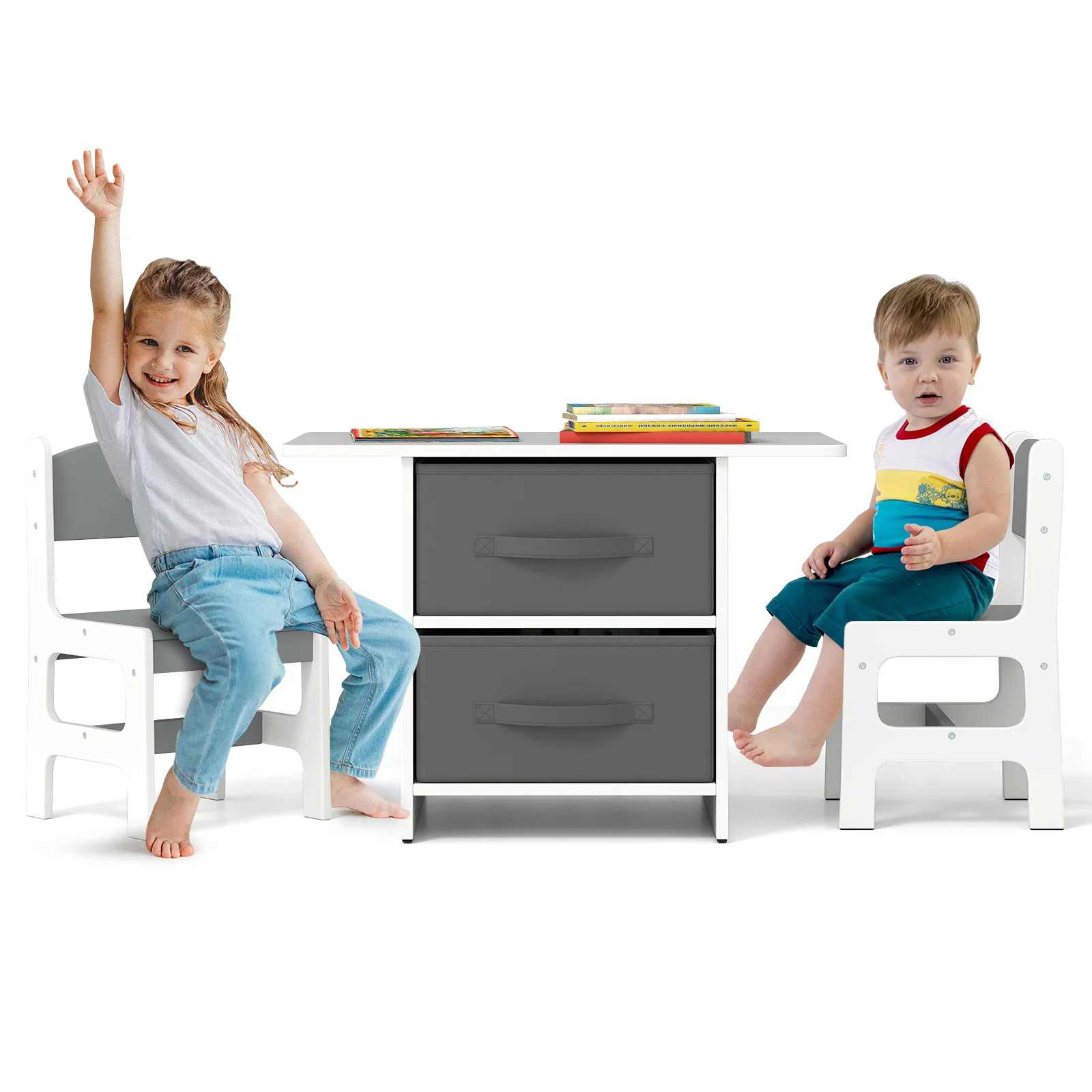 Kids Table And 2 Chairs Set, Removable Storage Drawers, White, Gray - Image 5
