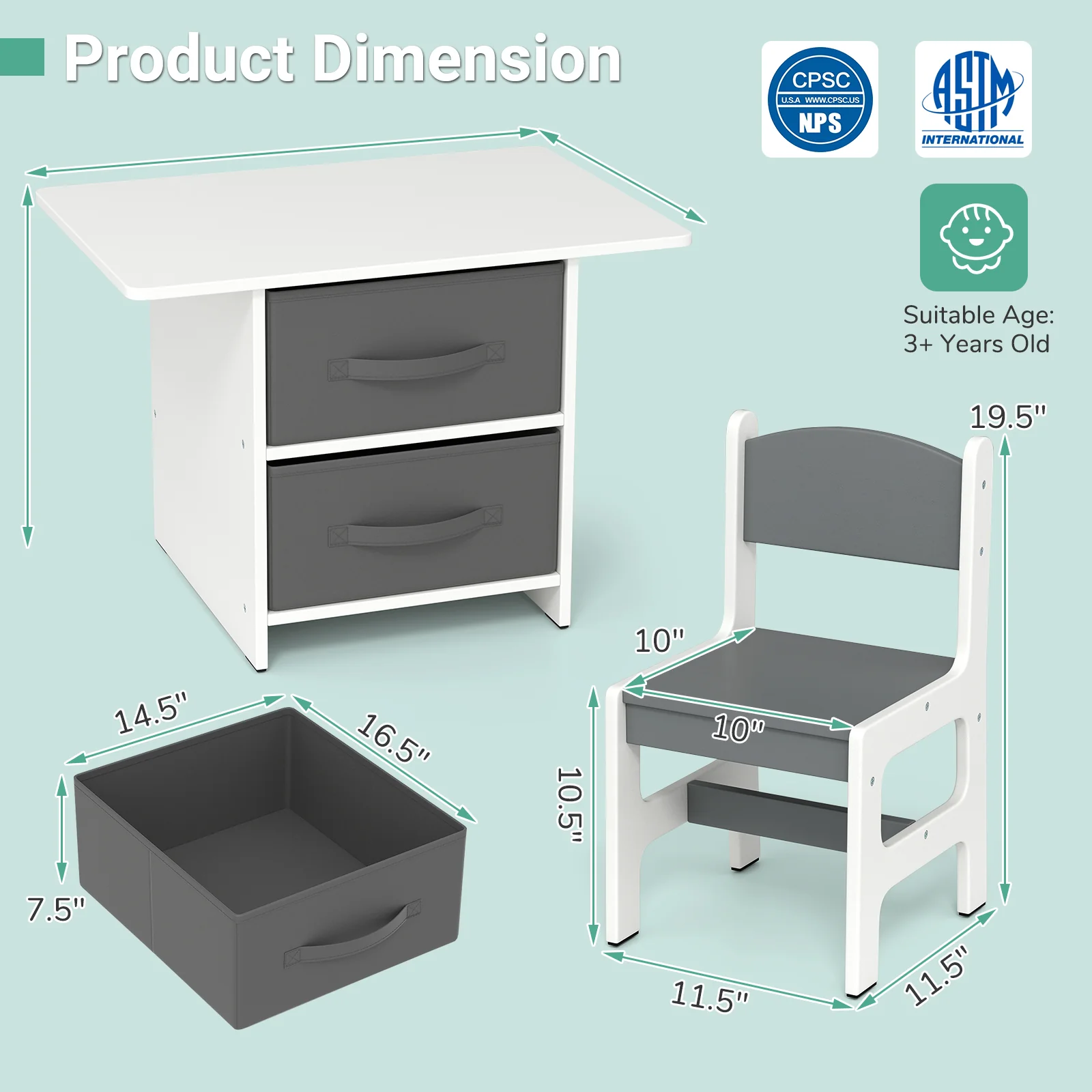 Kids Table And 2 Chairs Set, Removable Storage Drawers, White, Gray - Image 6