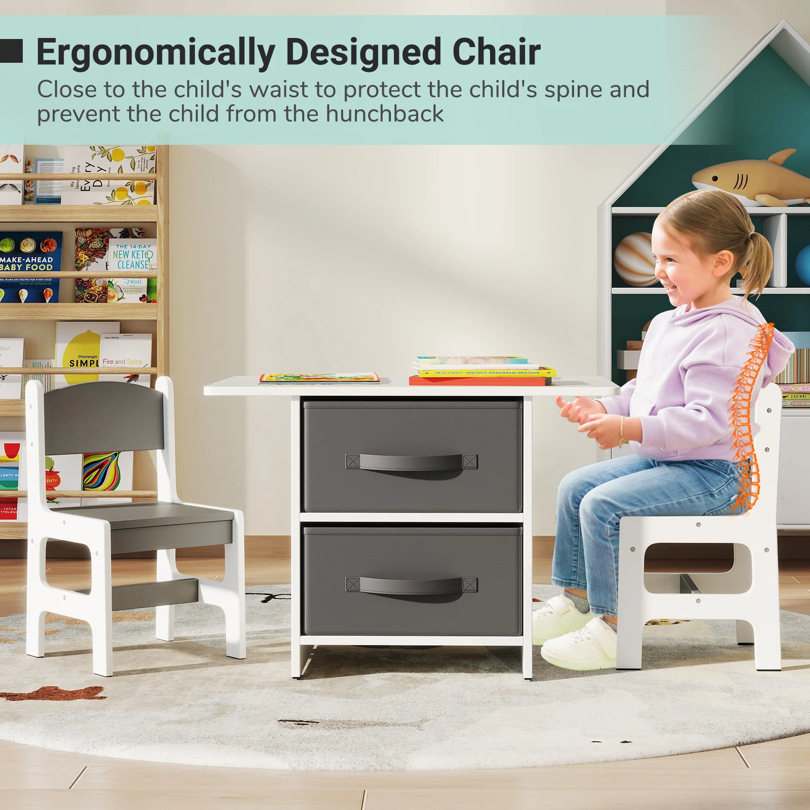 Kids Table And 2 Chairs Set, Removable Storage Drawers, White, Gray - Image 7