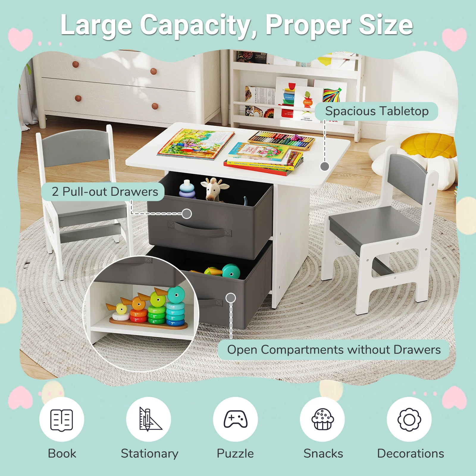 Kids Table And 2 Chairs Set, Removable Storage Drawers, White, Gray - Image 9