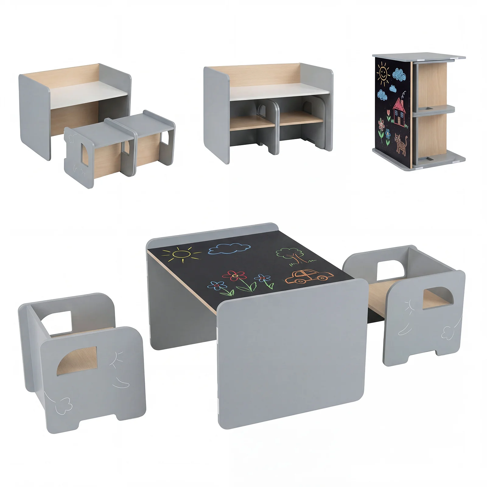 Kids Table And Chair Set, 3 Pieces, Space-Saving Toddler Table, Gray - Image 4