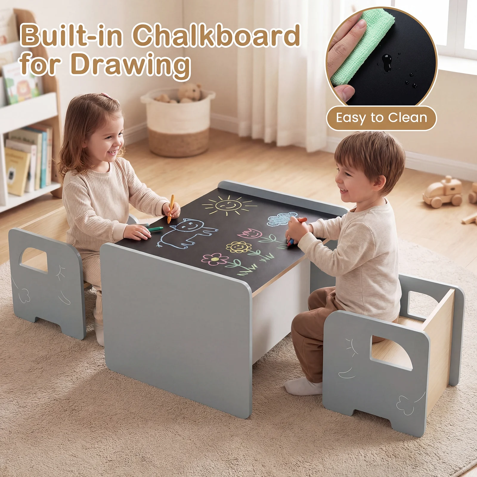 Kids Table And Chair Set, 3 Pieces, Space-Saving Toddler Table, Gray - Image 6