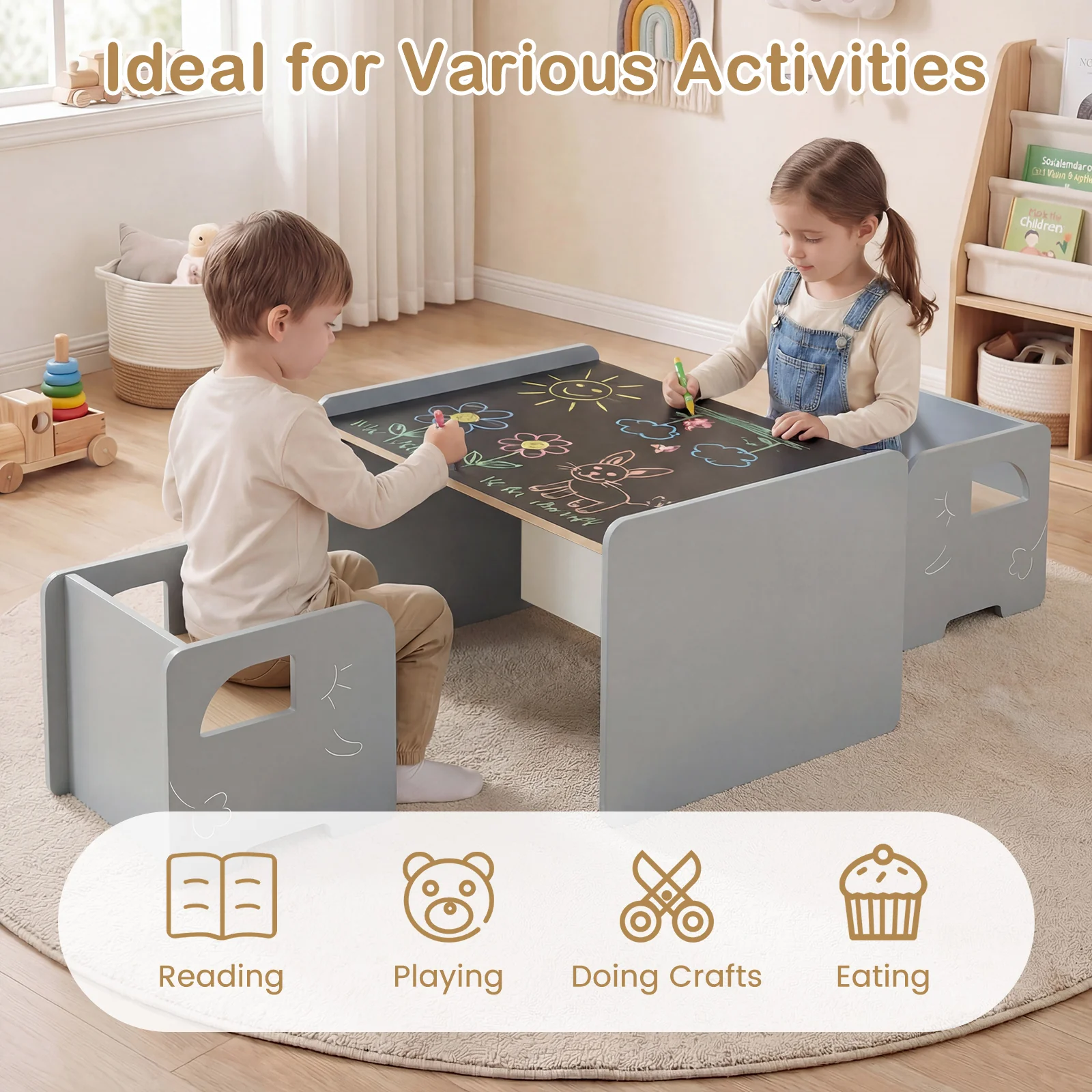 Kids Table And Chair Set, 3 Pieces, Space-Saving Toddler Table, Gray - Image 7