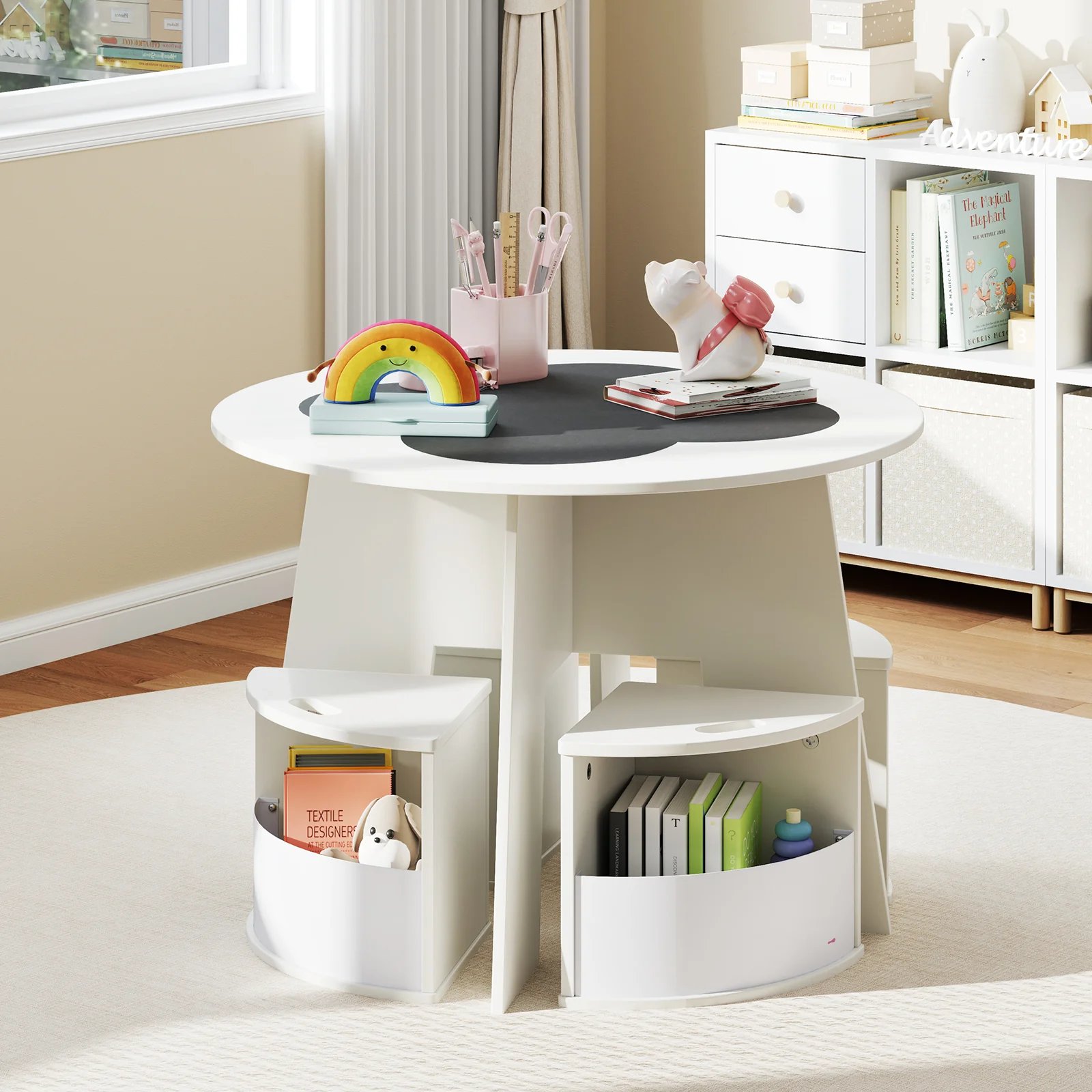Kids Table And Chair Set, 5 PCS, With Storage Stools, White - Image 3
