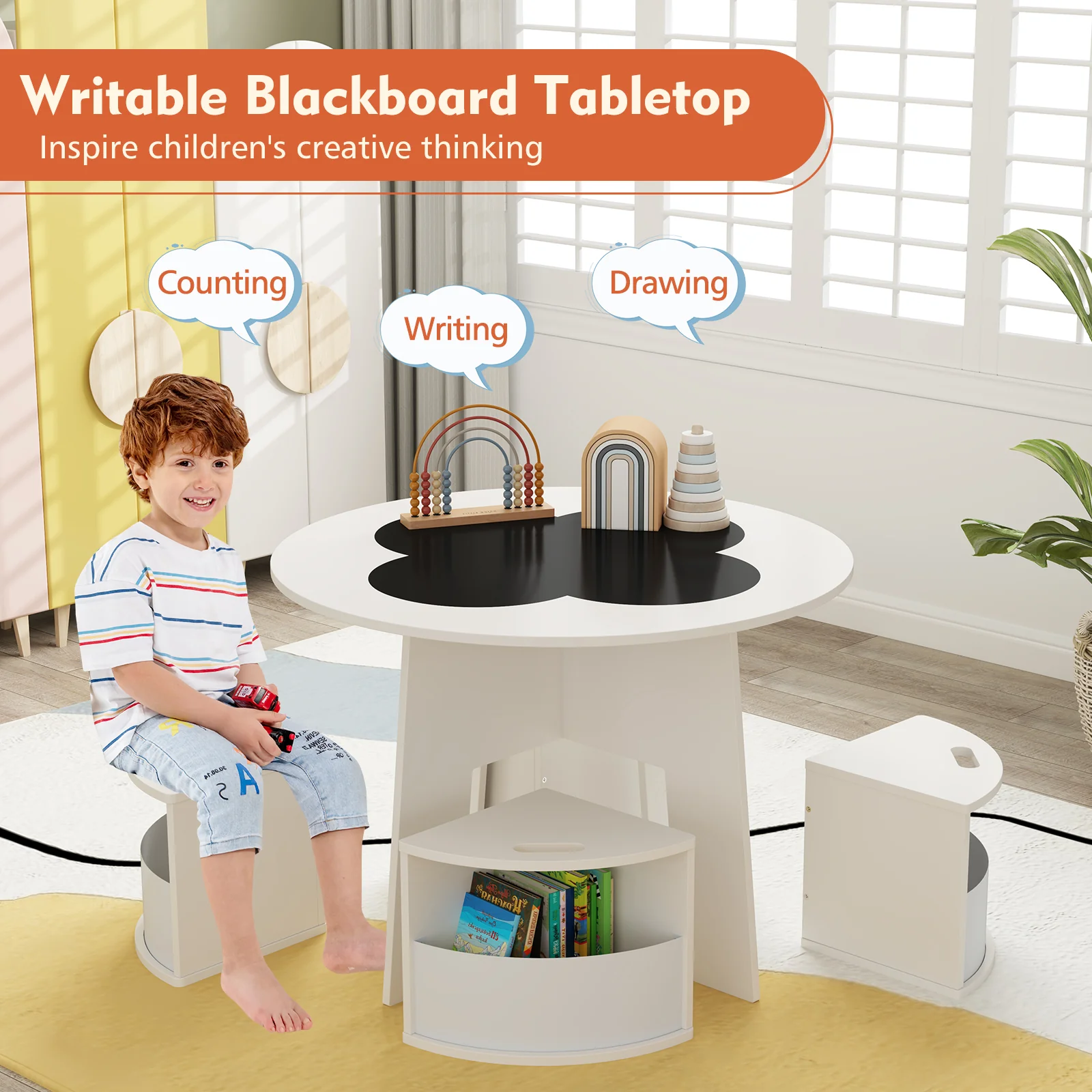 Kids Table And Chair Set, 5 PCS, With Storage Stools, White - Image 7