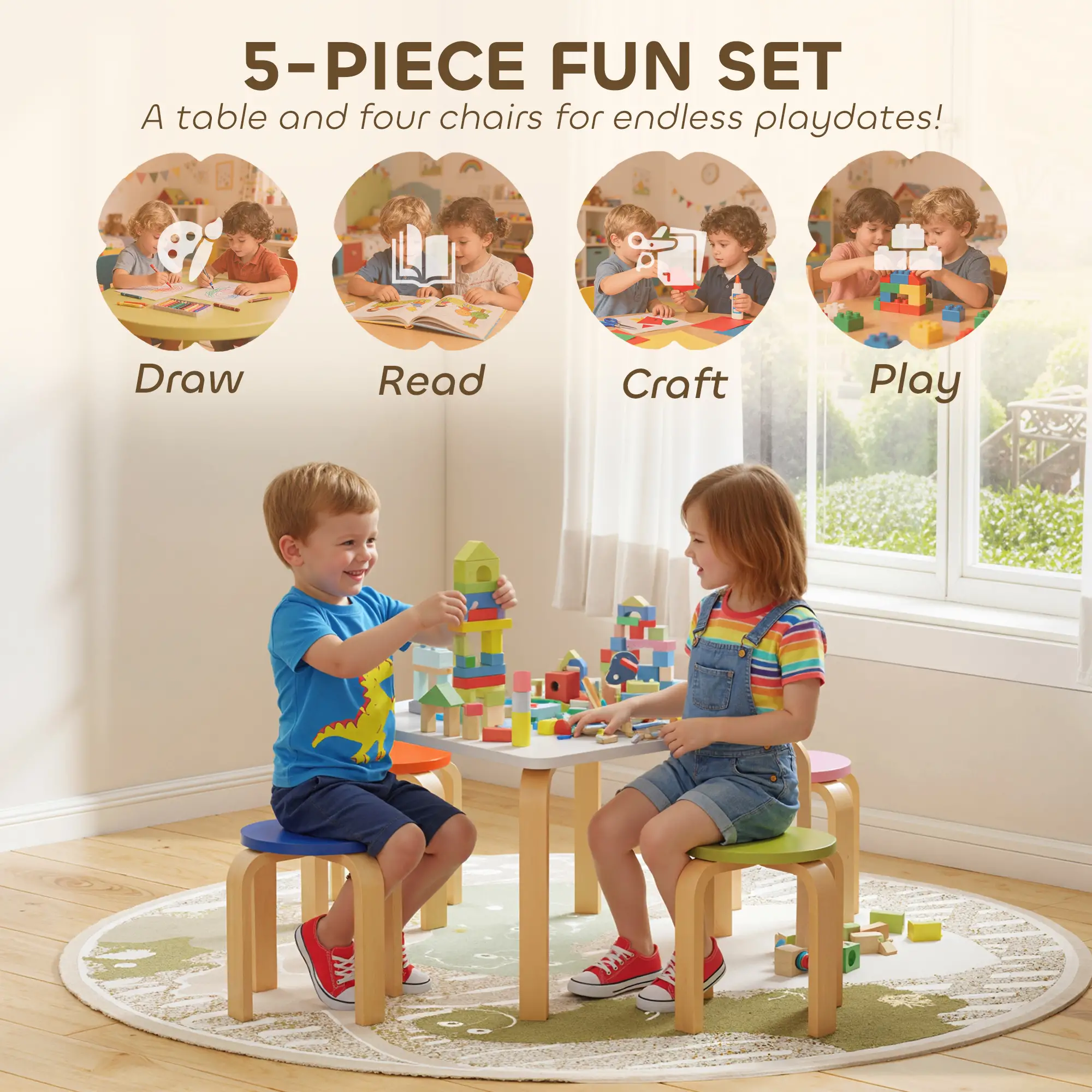 Kids Table and Chair Set, 5-Piece Children Furniture - Image 4
