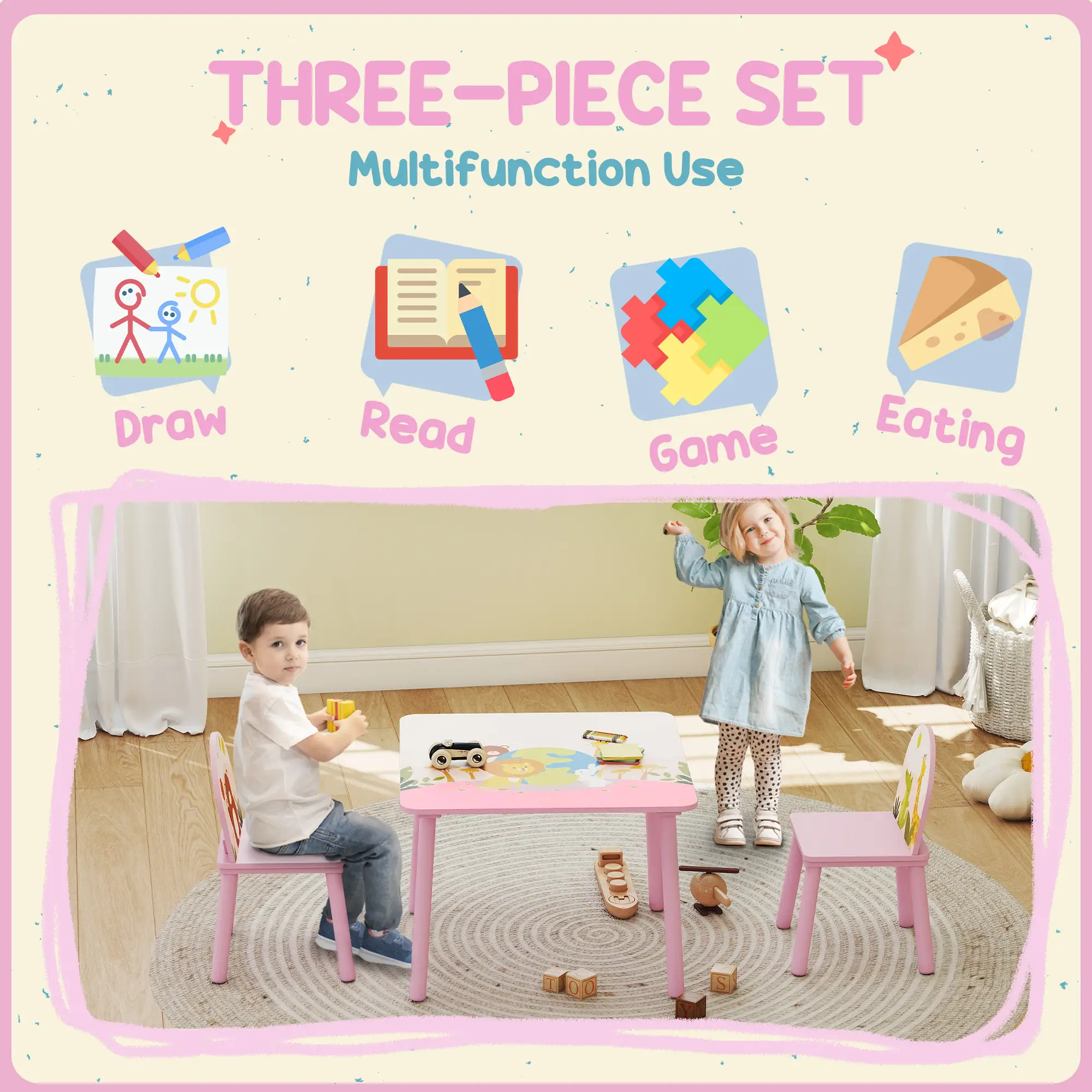 Kids Table and Chair Set, Toddler Table and 2 Chairs, Pink - Image 4