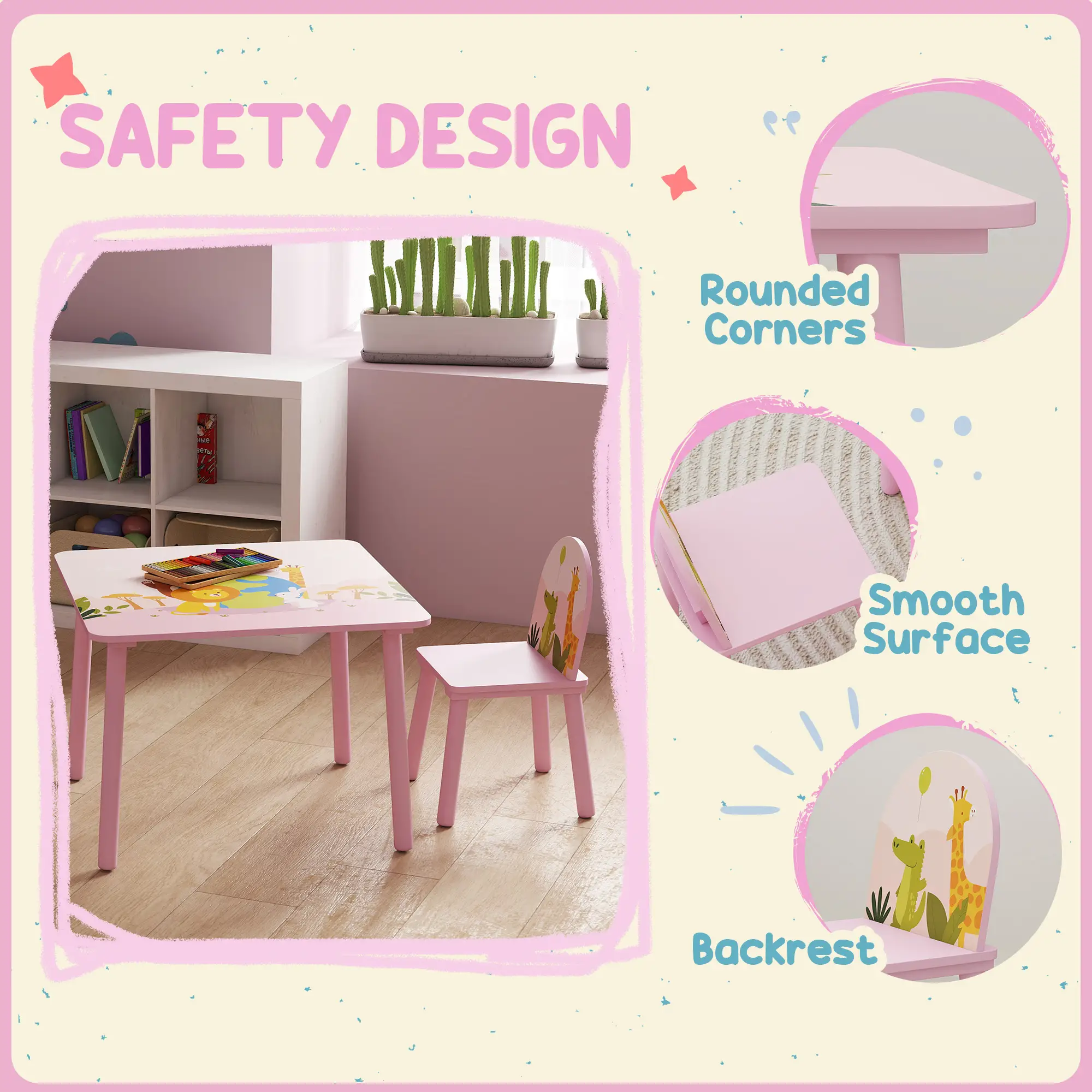 Kids Table and Chair Set, Toddler Table and 2 Chairs, Pink - Image 5