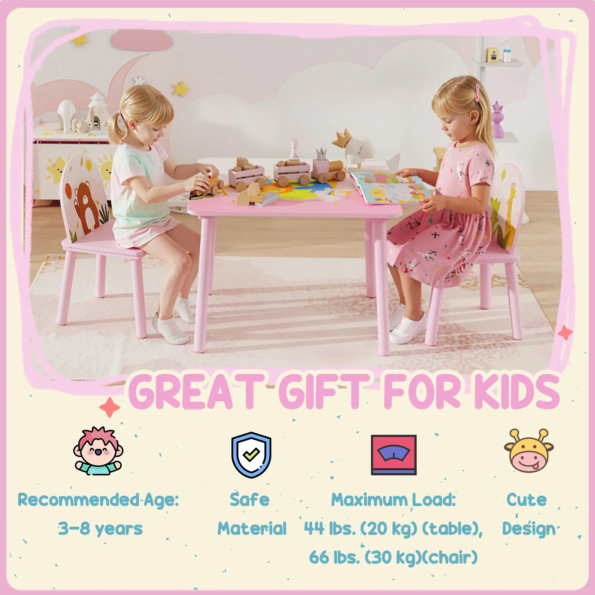 Kids Table and Chair Set, Toddler Table and 2 Chairs, Pink - Image 7