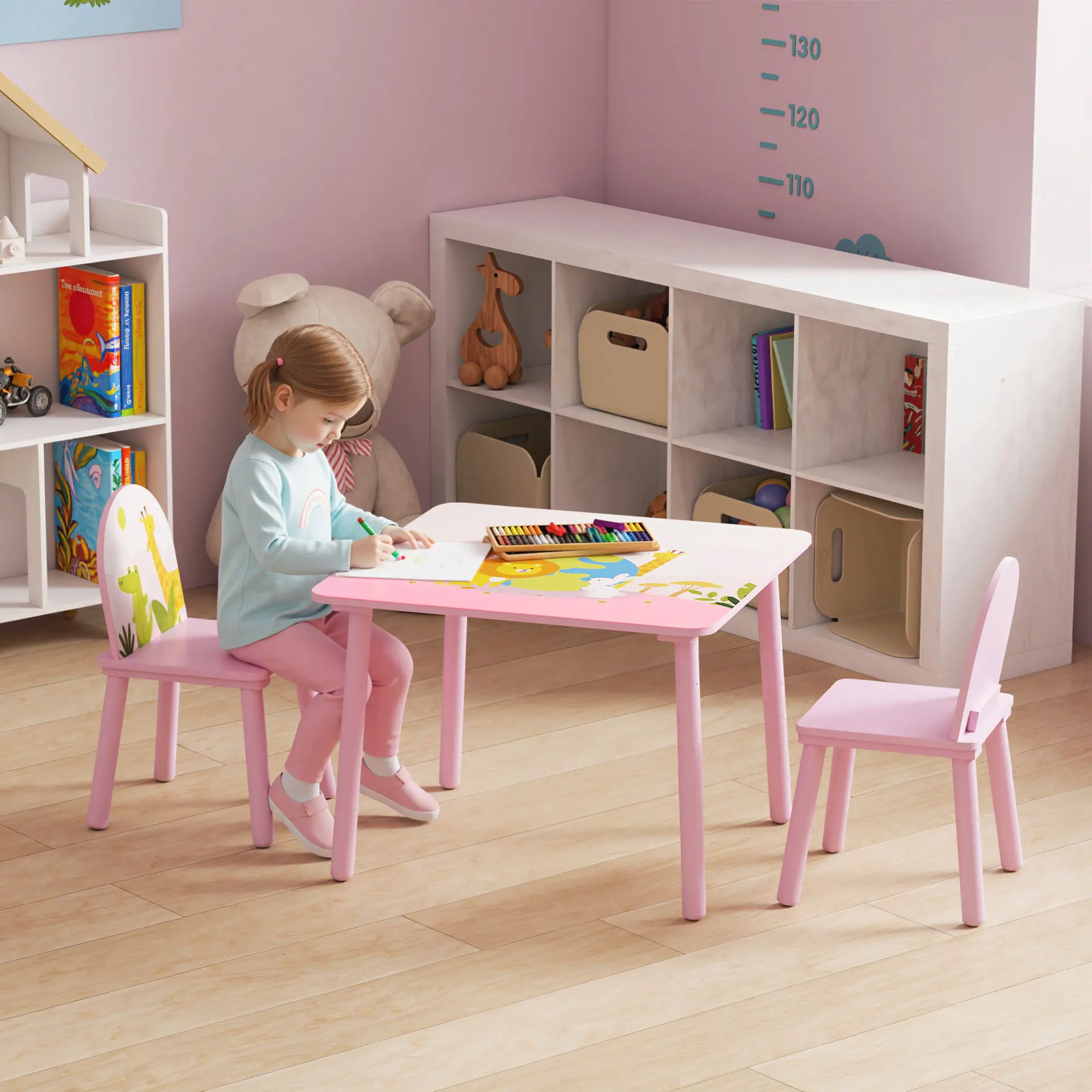 Kids Table and Chair Set, Toddler Table and 2 Chairs, Pink - Image 8