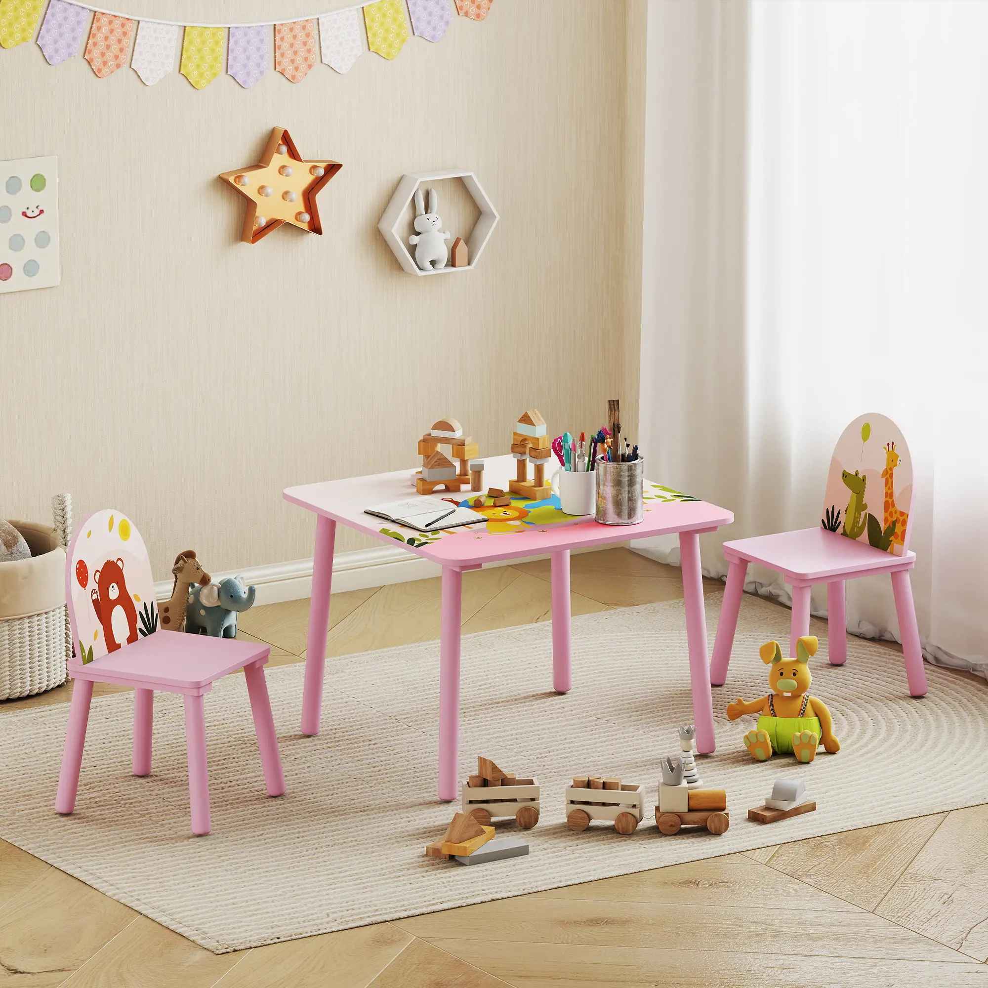 Kids Table and Chair Set, Toddler Table and 2 Chairs, Pink - Image 9
