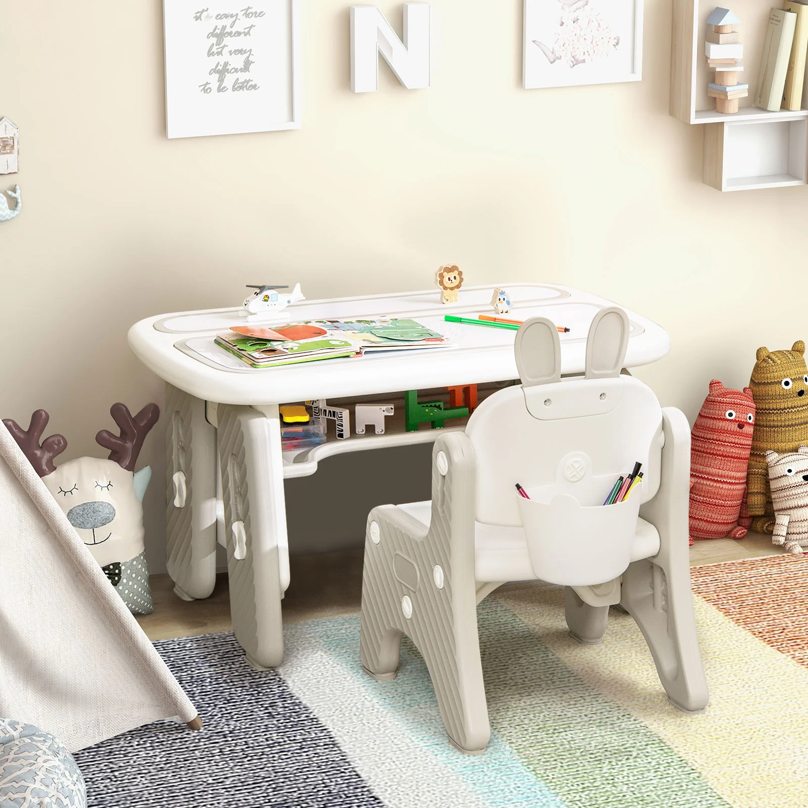 Kids Table And Chair Set With Flip-Top Bookshelf, Gray - Image 3