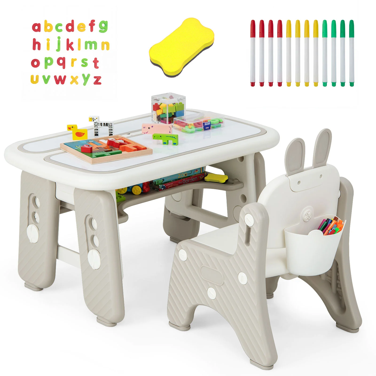 Kids Table And Chair Set With Flip-Top Bookshelf, Gray - Image 4