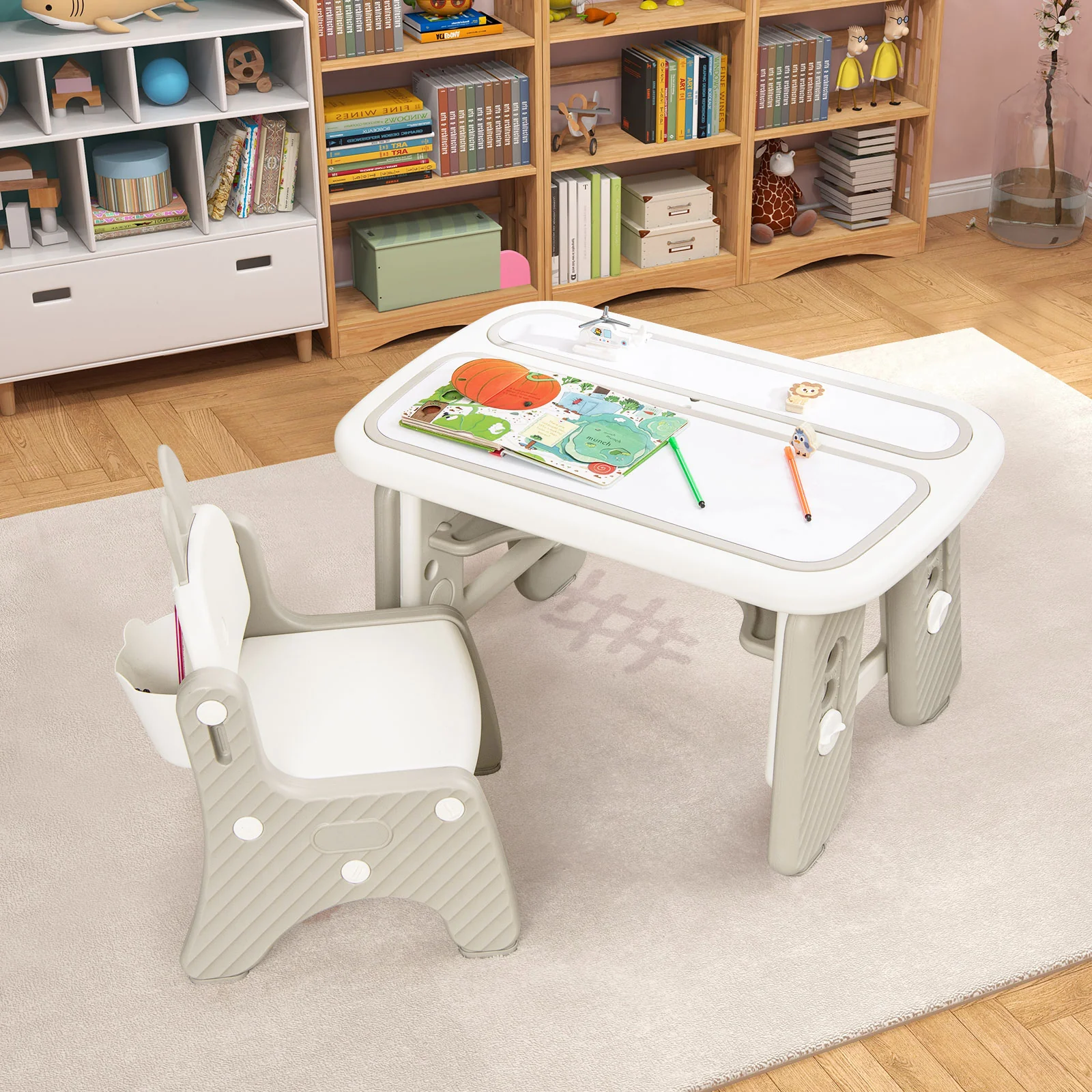 Kids Table And Chair Set With Flip-Top Bookshelf, Gray - Image 7