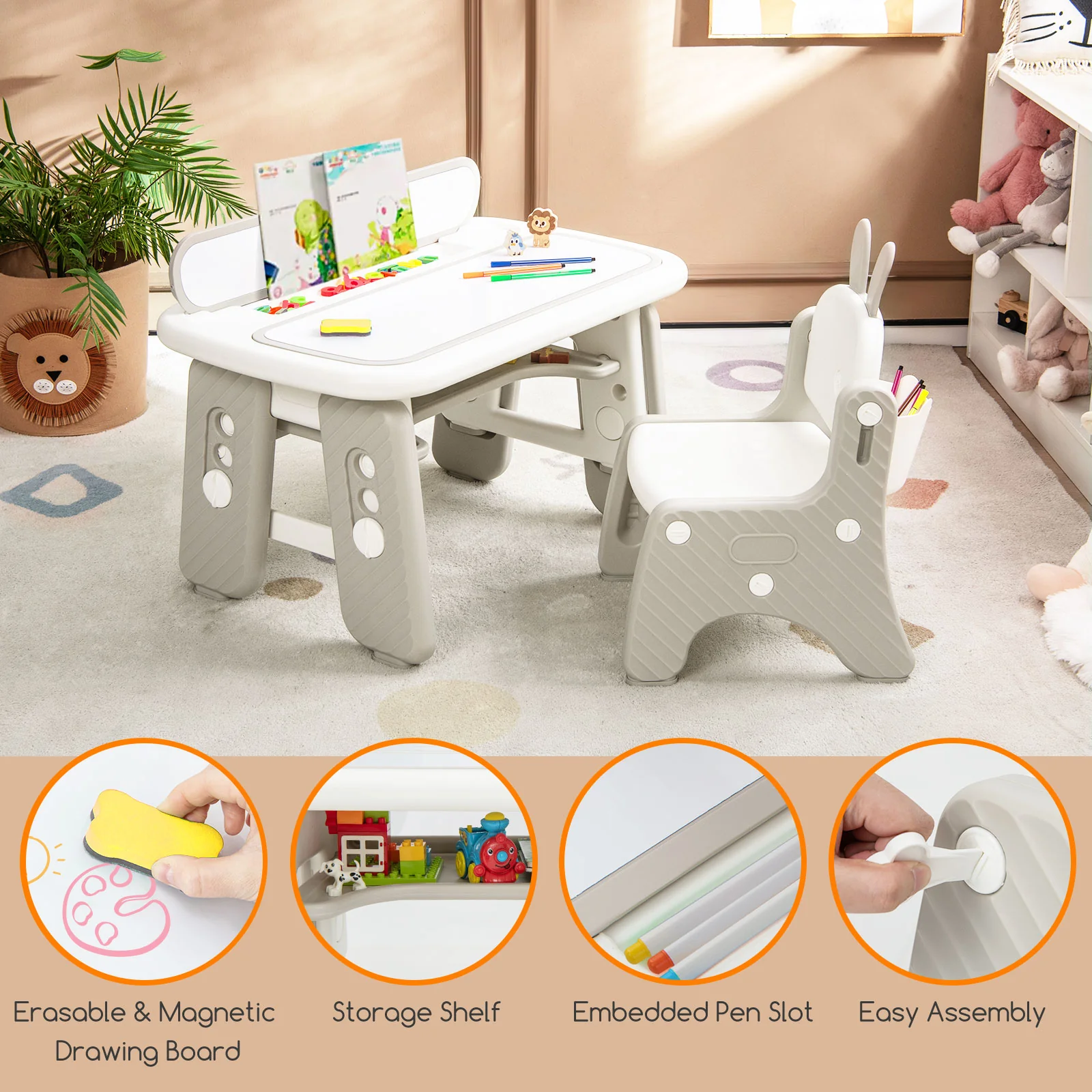 Kids Table And Chair Set With Flip-Top Bookshelf, Gray - Image 8