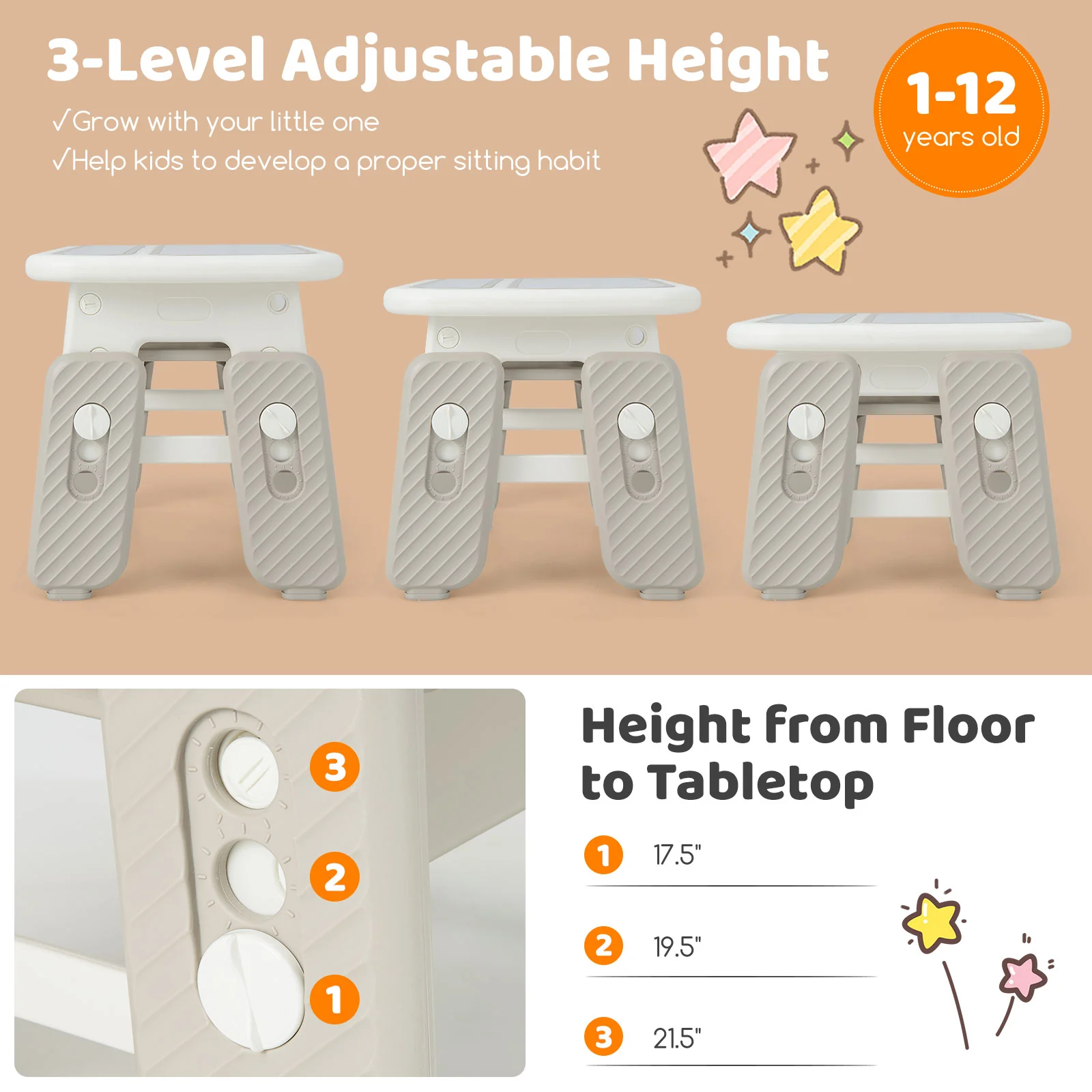 Kids Table And Chair Set With Flip-Top Bookshelf, Gray - Image 9