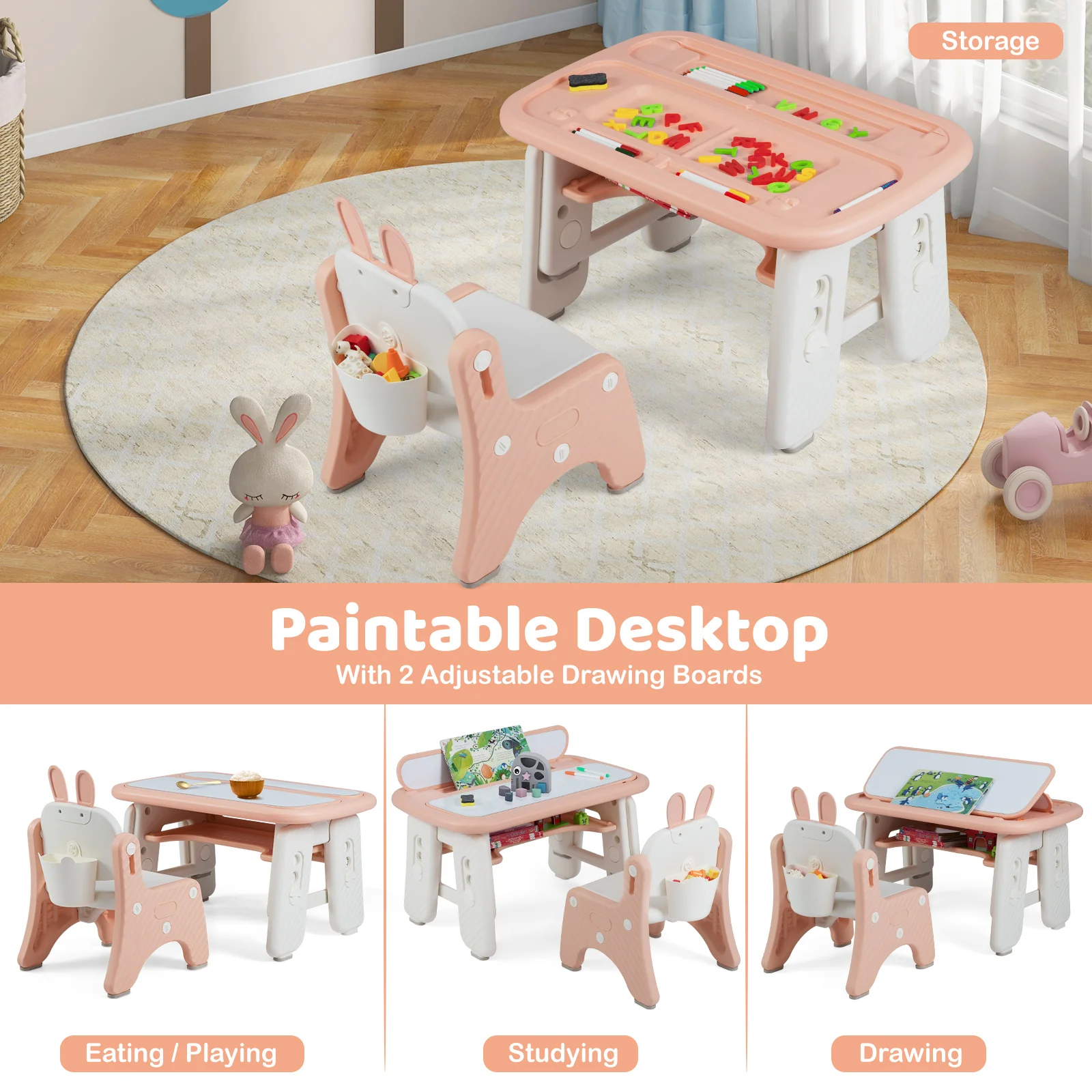 Kids Table and Chair Set with Flip-Top Bookshelf, Pink - Image 10