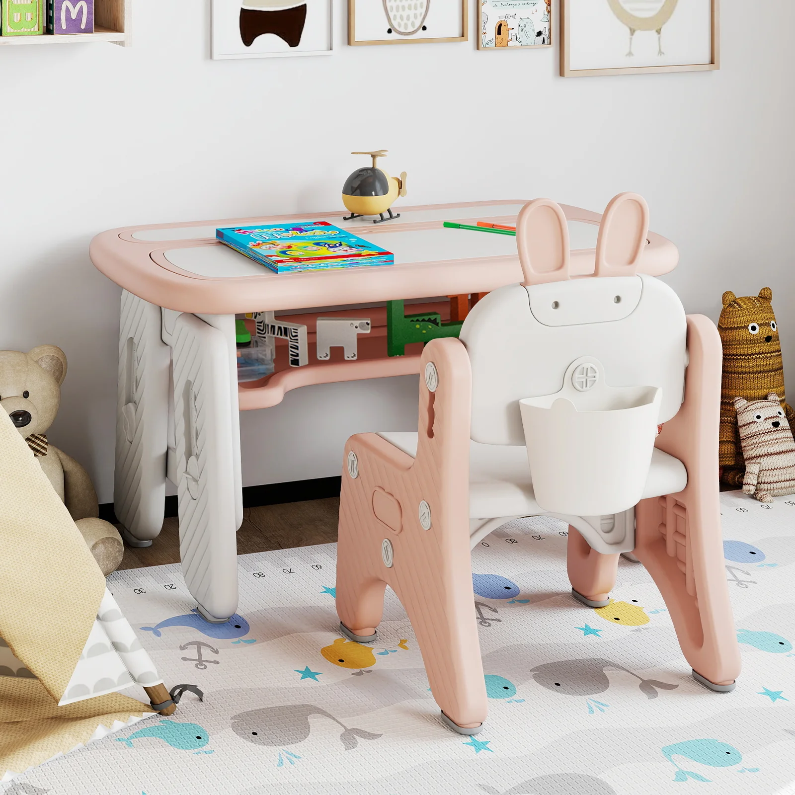 Kids Table and Chair Set with Flip-Top Bookshelf, Pink - Image 2