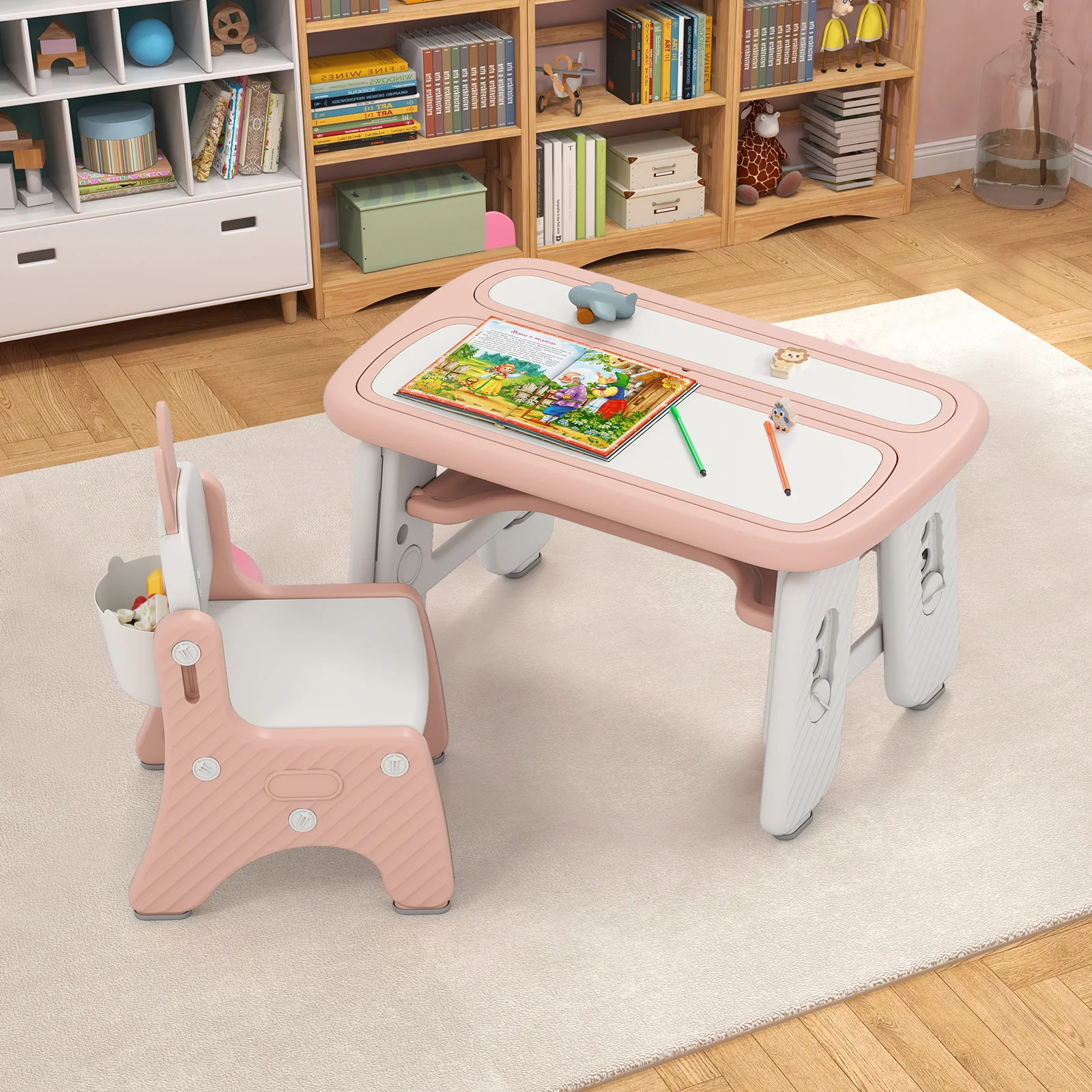 Kids Table and Chair Set with Flip-Top Bookshelf, Pink - Image 3