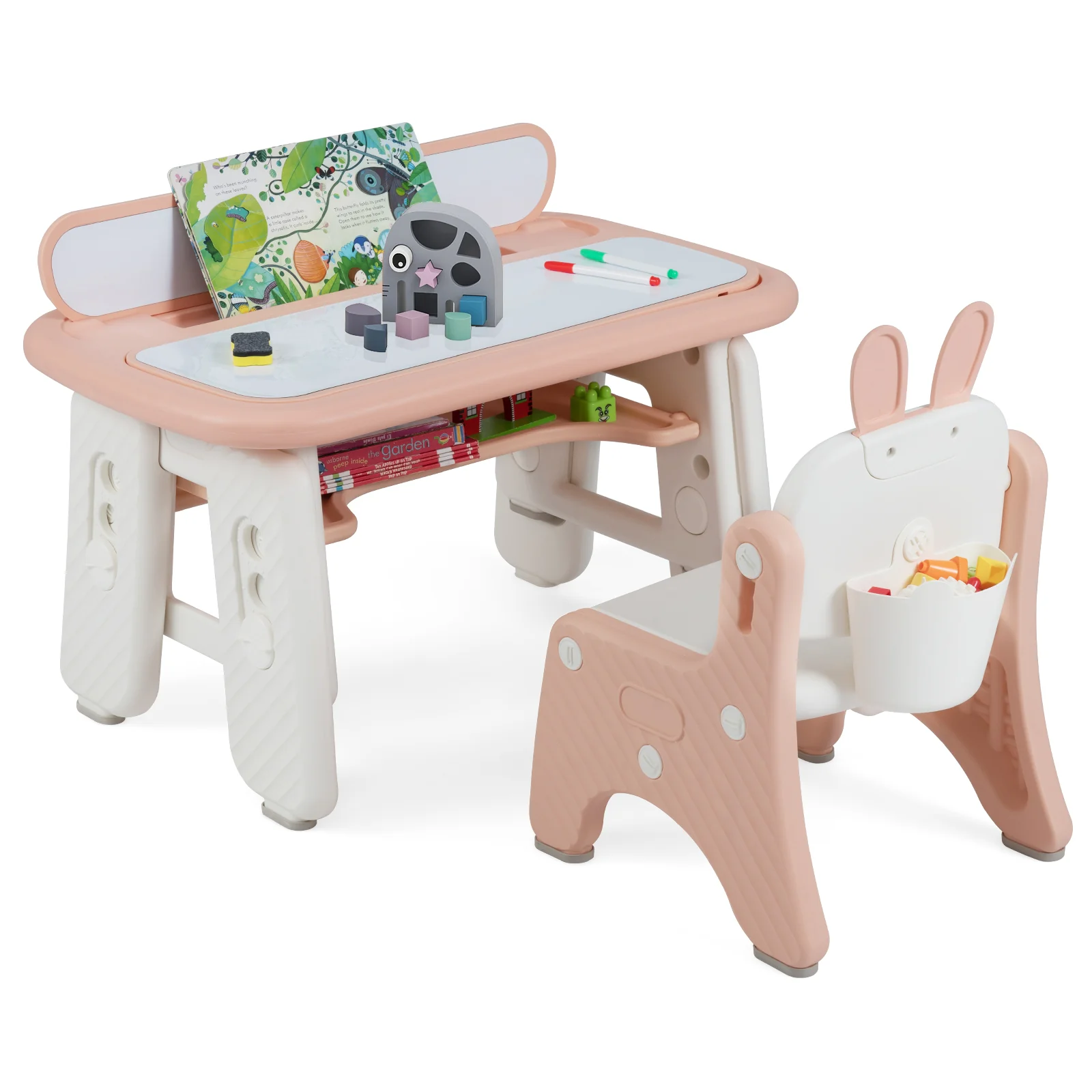 Kids Table and Chair Set with Flip-Top Bookshelf, Pink - Image 4