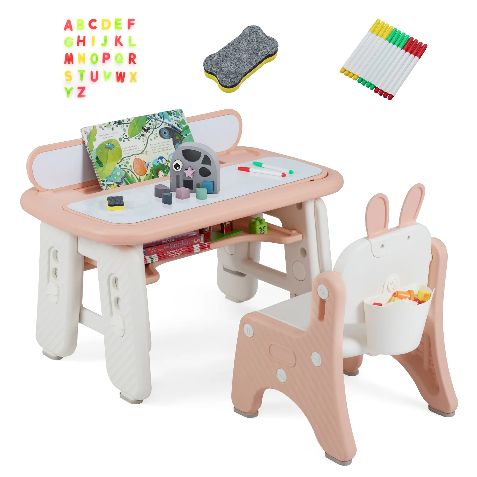 Kids Table and Chair Set with Flip-Top Bookshelf, Pink - Image 5