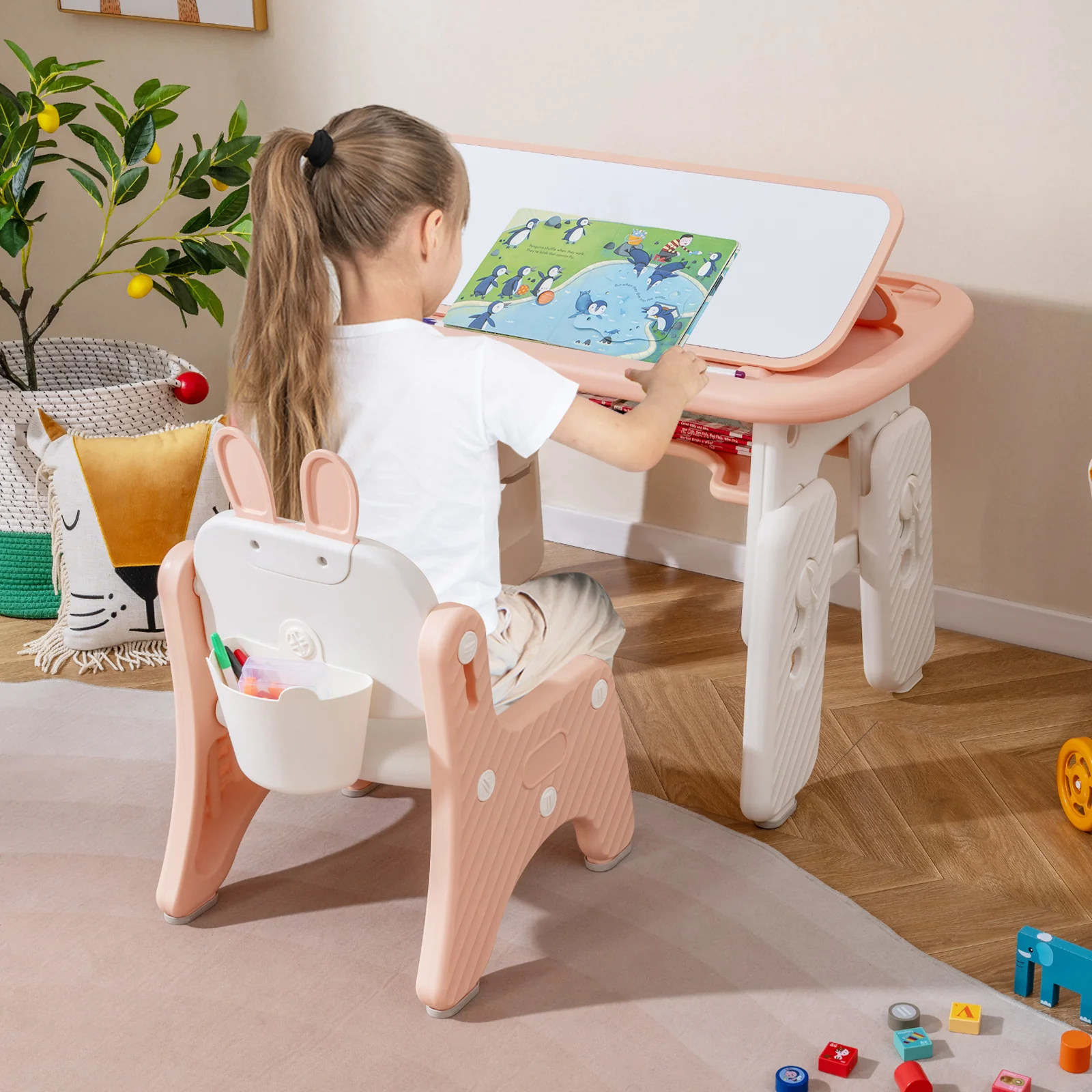 Kids Table and Chair Set with Flip-Top Bookshelf, Pink - Image 7