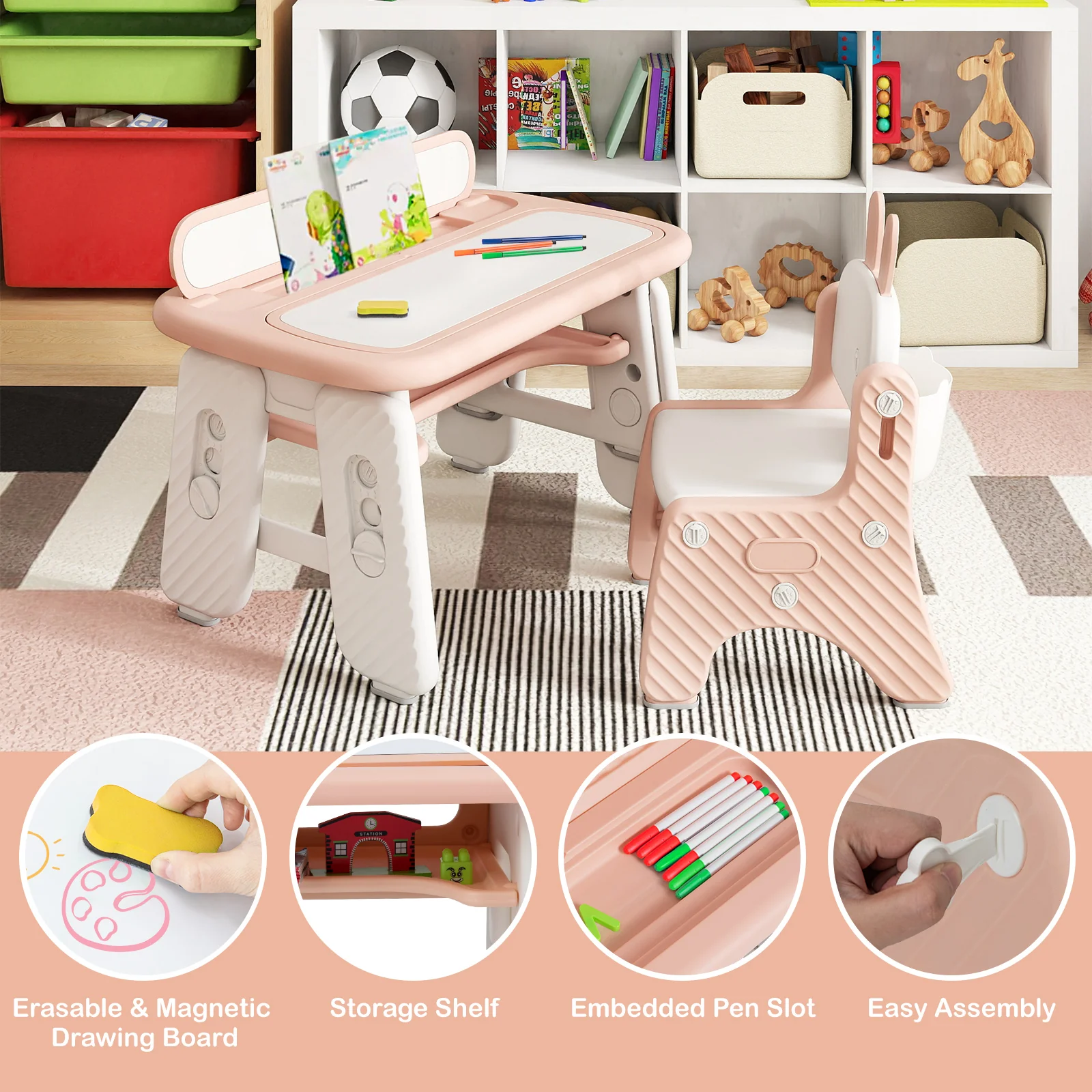 Kids Table and Chair Set with Flip-Top Bookshelf, Pink - Image 8