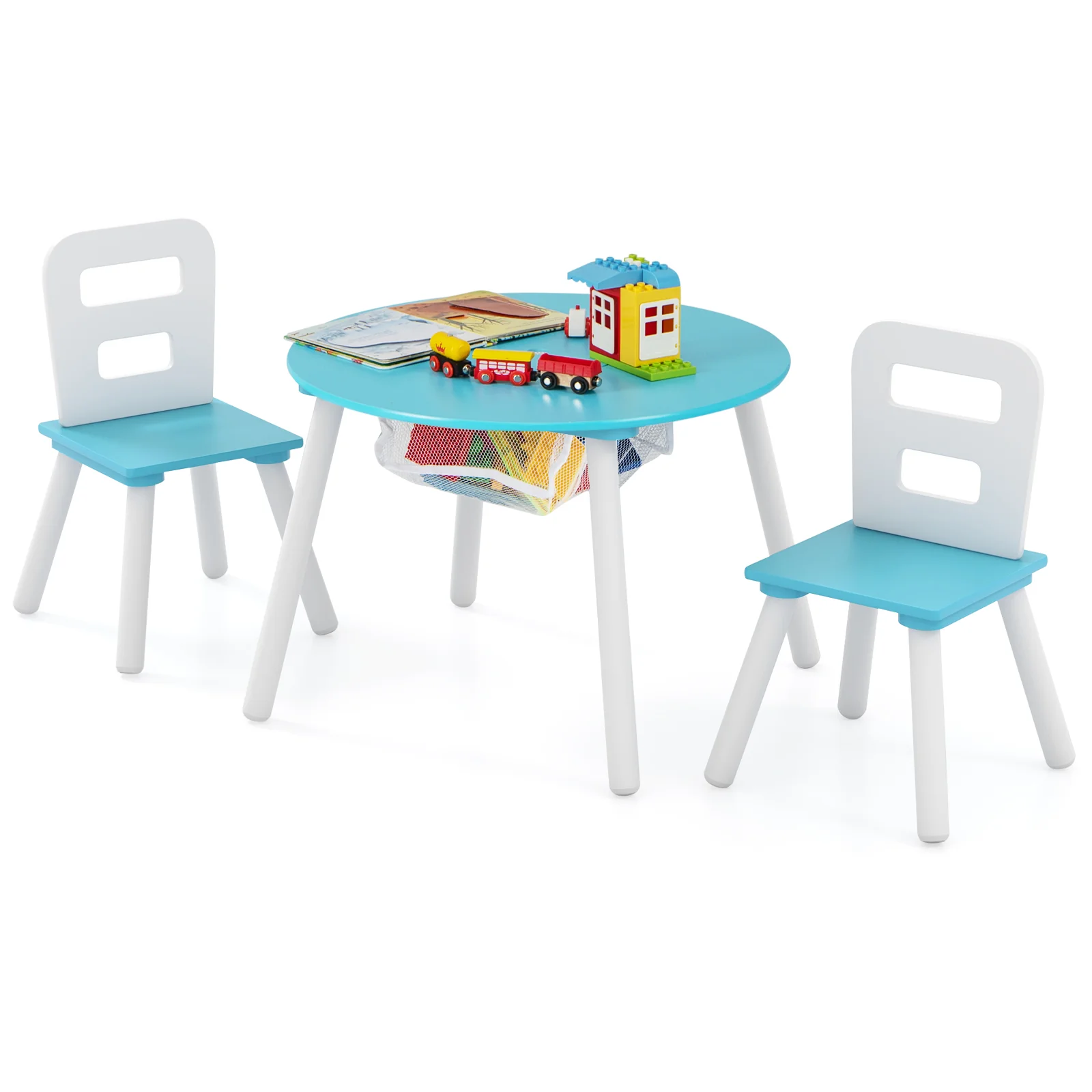 Kids Table And Chair Set With Mesh Storage, Blue