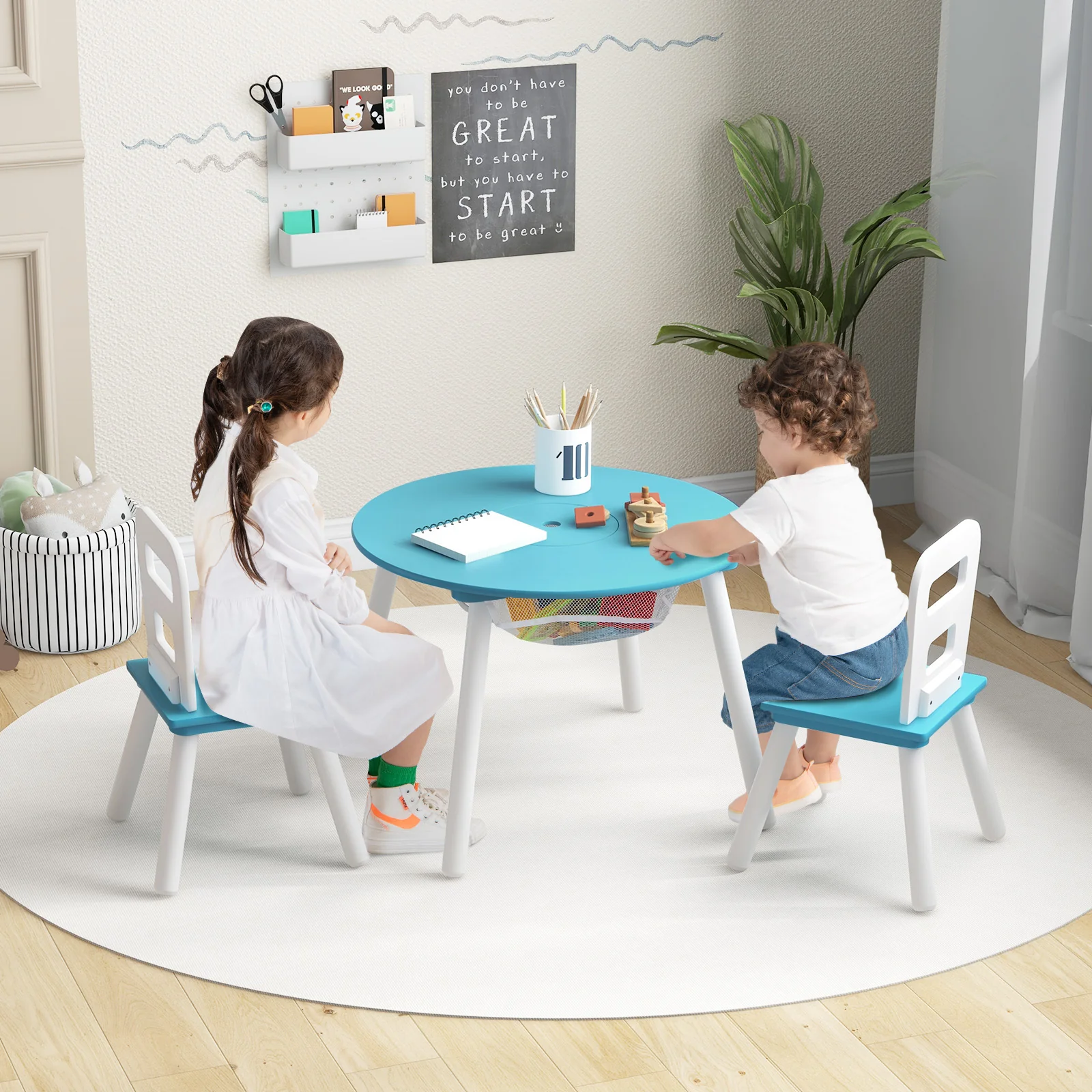 Kids Table And Chair Set With Mesh Storage, Blue - Image 2