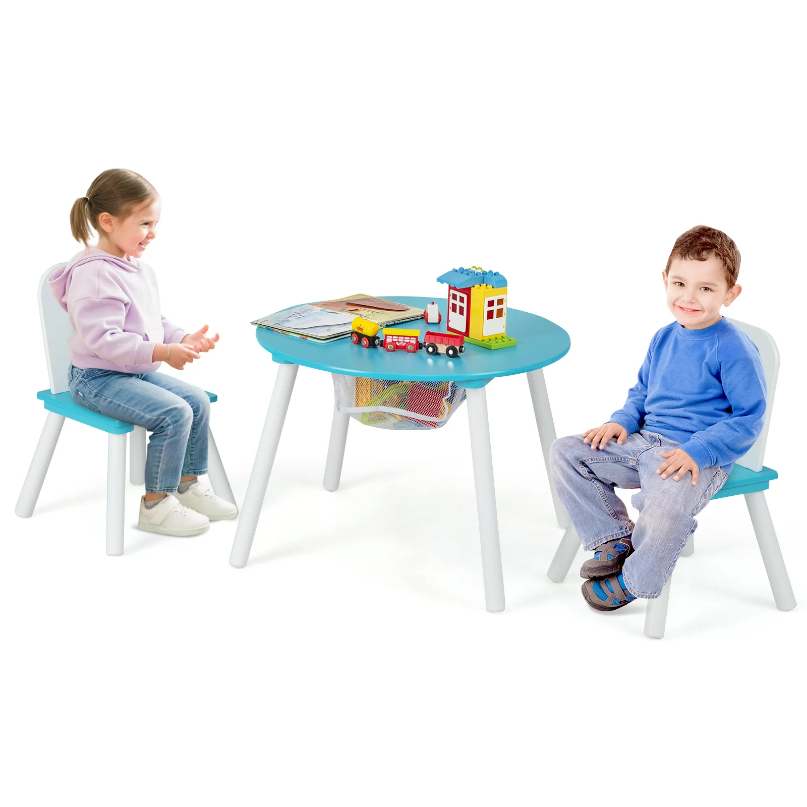 Kids Table And Chair Set With Mesh Storage, Blue - Image 4