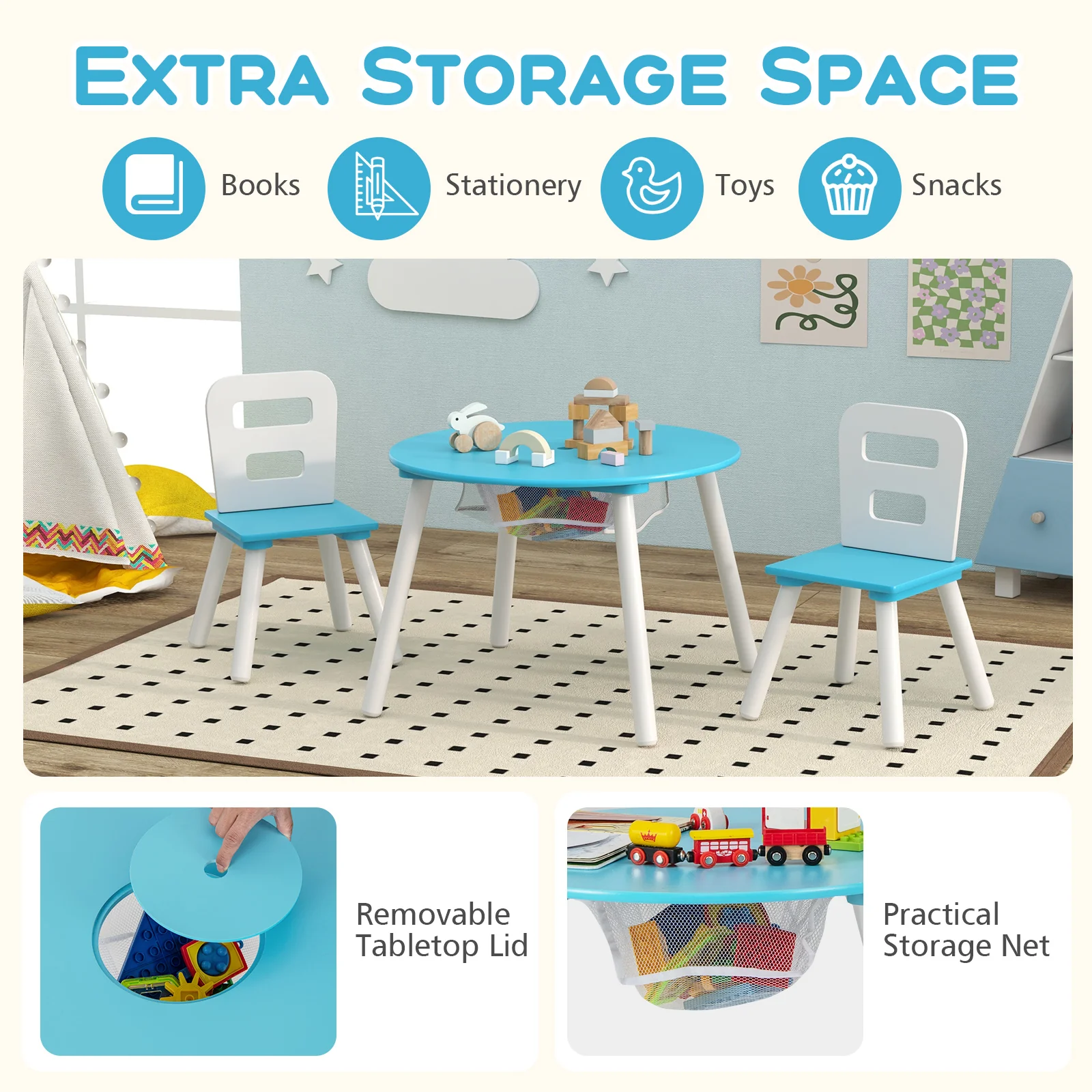 Kids Table And Chair Set With Mesh Storage, Blue - Image 6