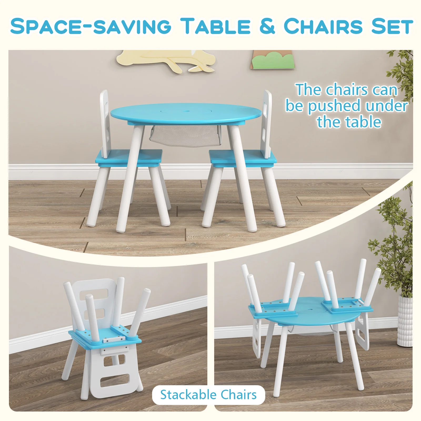 Kids Table And Chair Set With Mesh Storage, Blue - Image 8