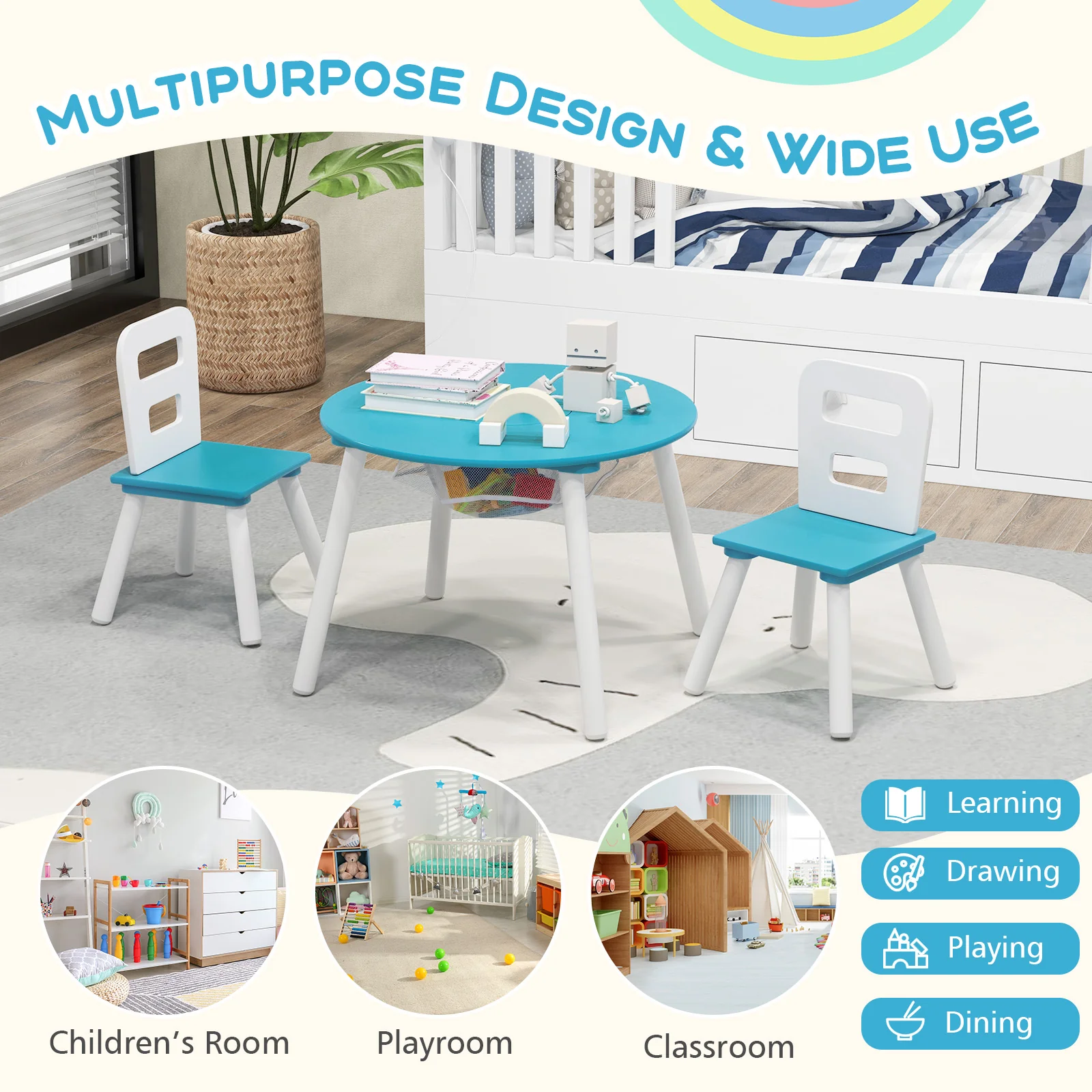 Kids Table And Chair Set With Mesh Storage, Blue - Image 9
