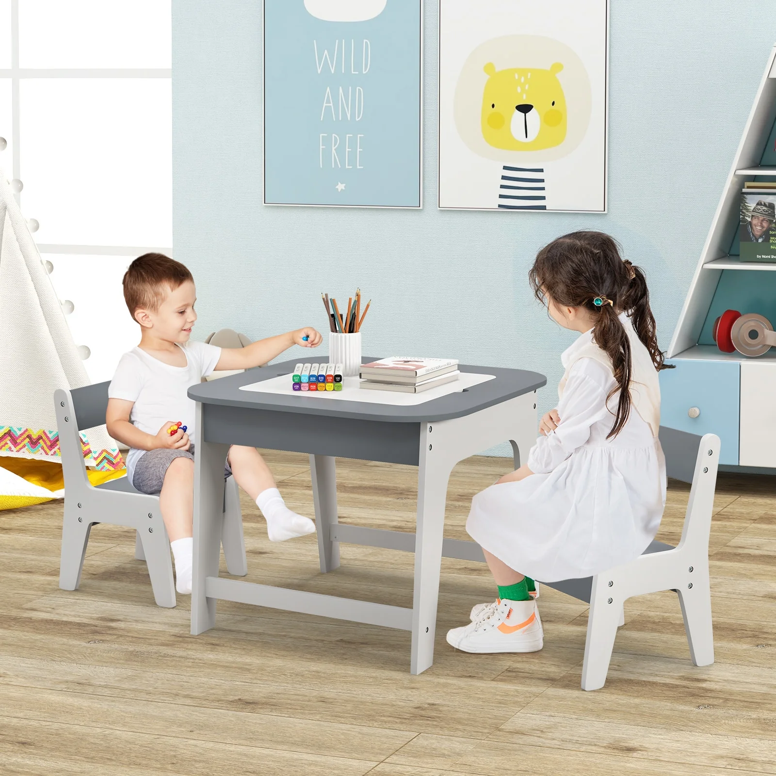 Kids Table And Chairs Set, Double-Sized Tabletop, Gray - Image 2