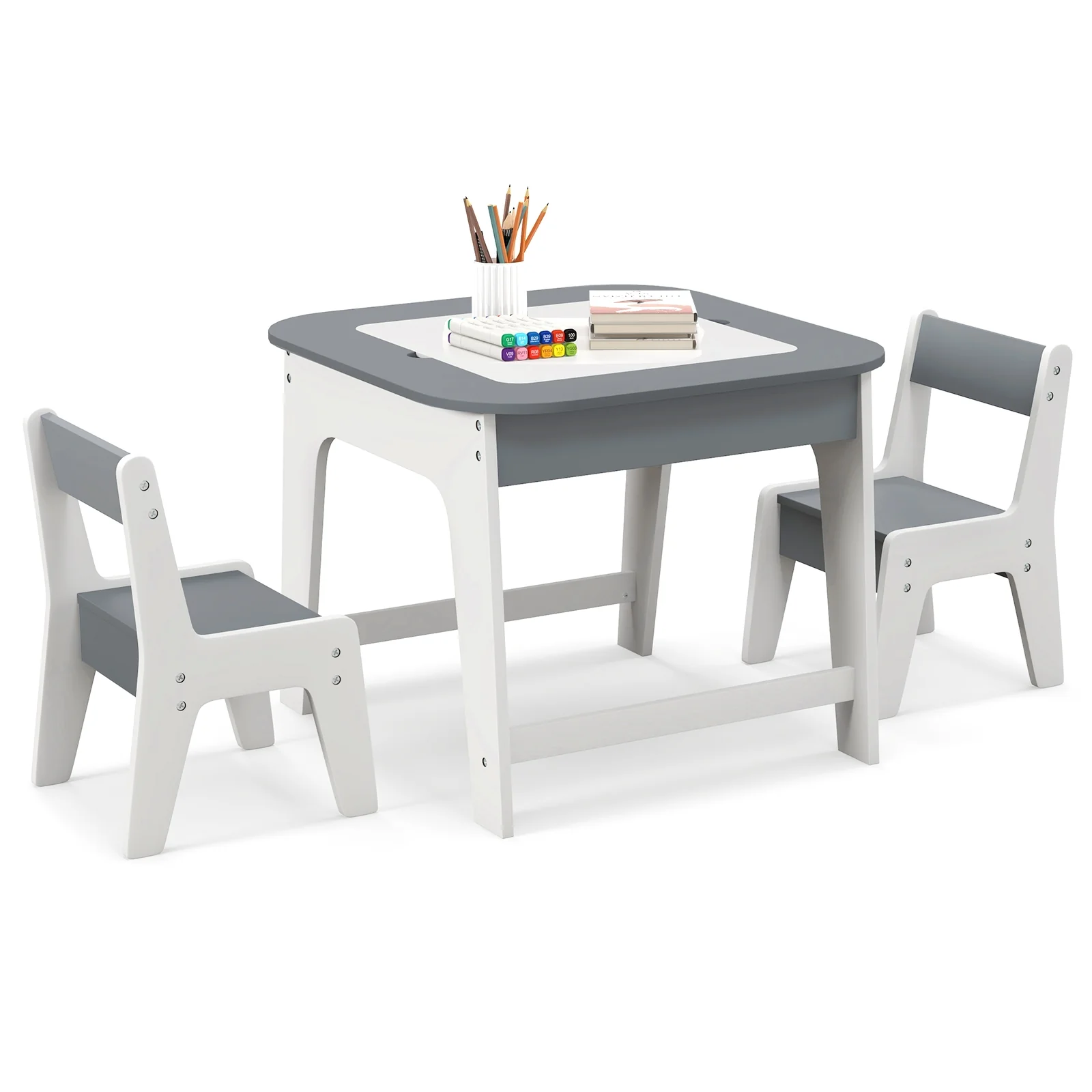 Kids Table And Chairs Set, Double-Sized Tabletop, Gray - Image 5