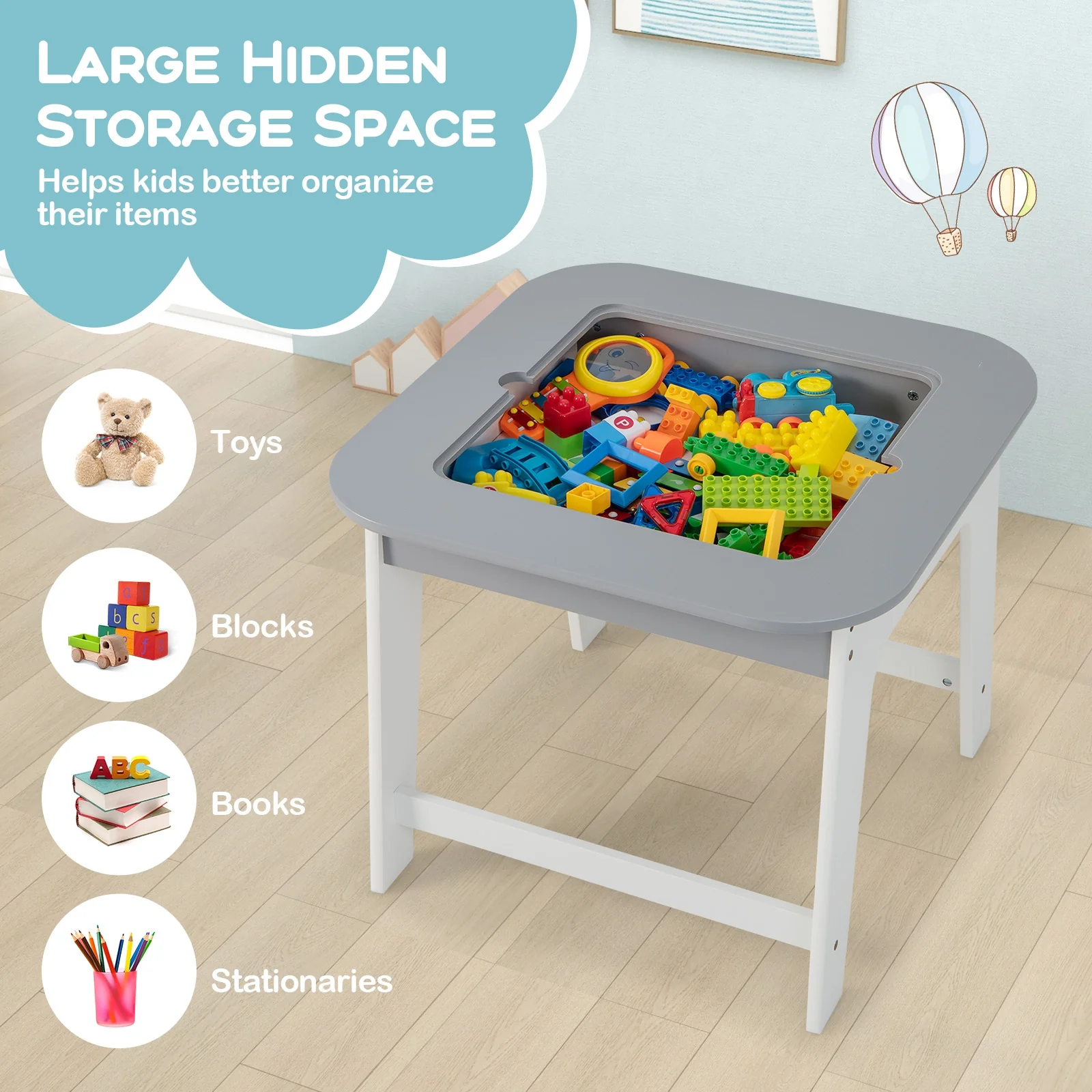 Kids Table And Chairs Set, Double-Sized Tabletop, Gray - Image 8