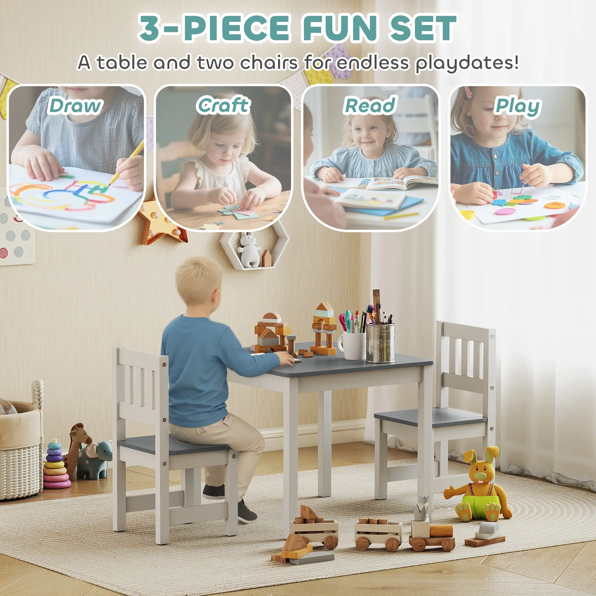 Kids Table and Chairs Set, Toddler Activity Table, 2 Chairs, Grey - Image 5