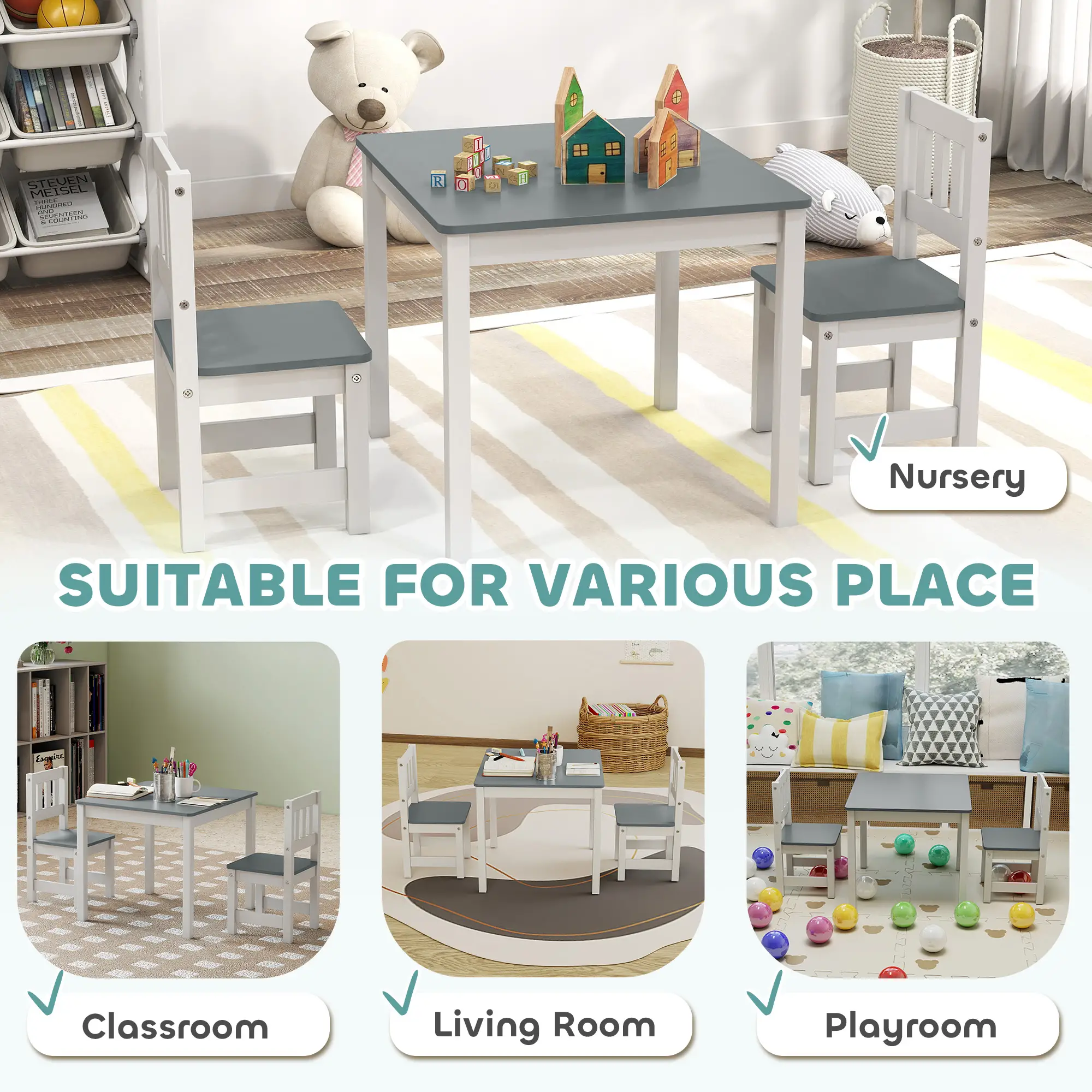 Kids Table and Chairs Set, Toddler Activity Table, 2 Chairs, Grey - Image 7